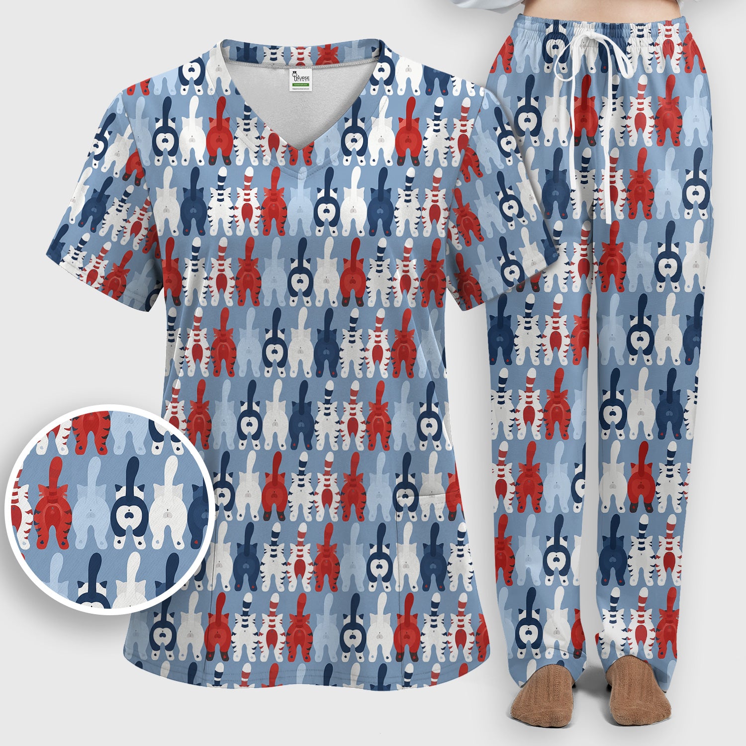 Colorful Patriotic Cat Tail Pattern Scrub Set, Scrub Pants and V Neck Top