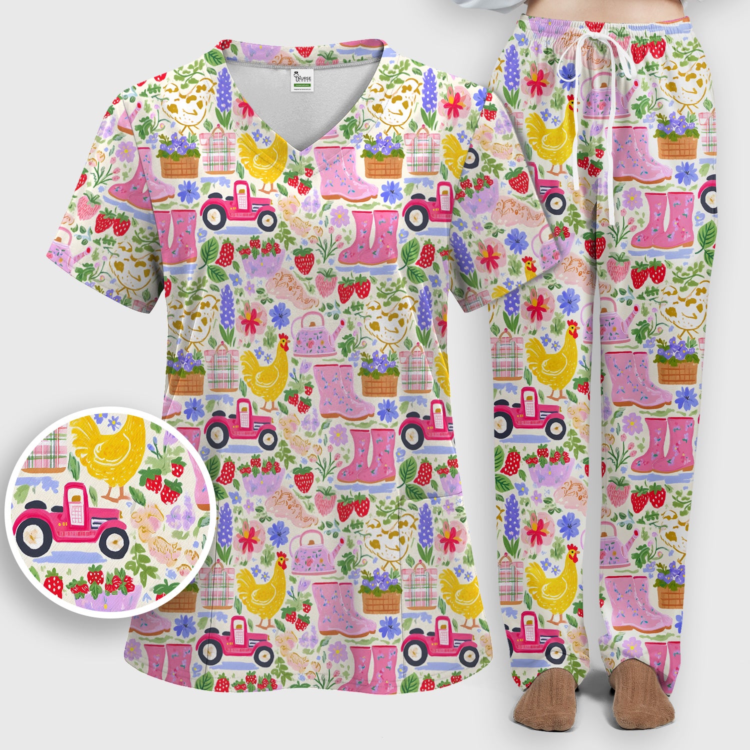 Cute Farm Garden Chicken Pattern Scrub Set, Scrub Pants and V Neck Top