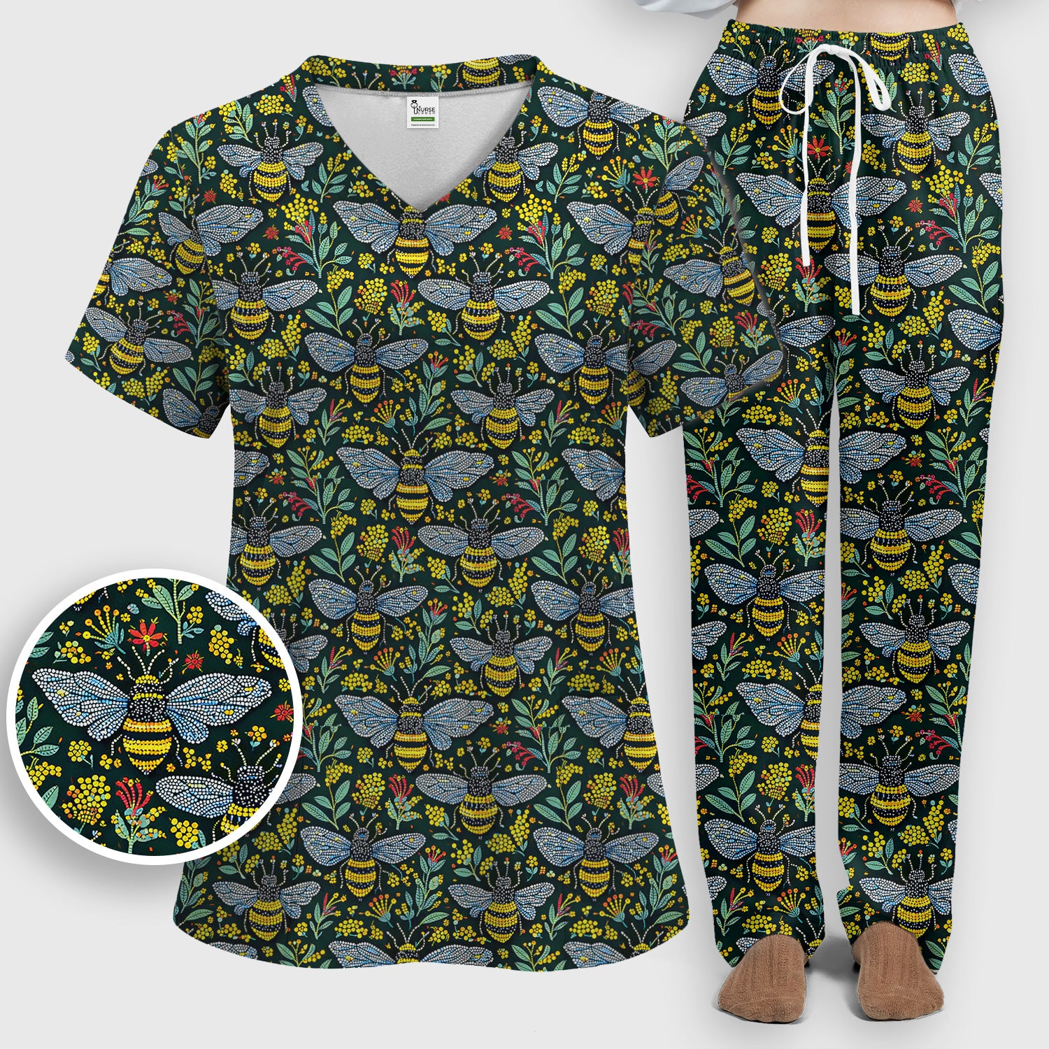 Honey Bee And Wildflower Garden Pattern Scrub Set, Scrub Pants and V Neck Top