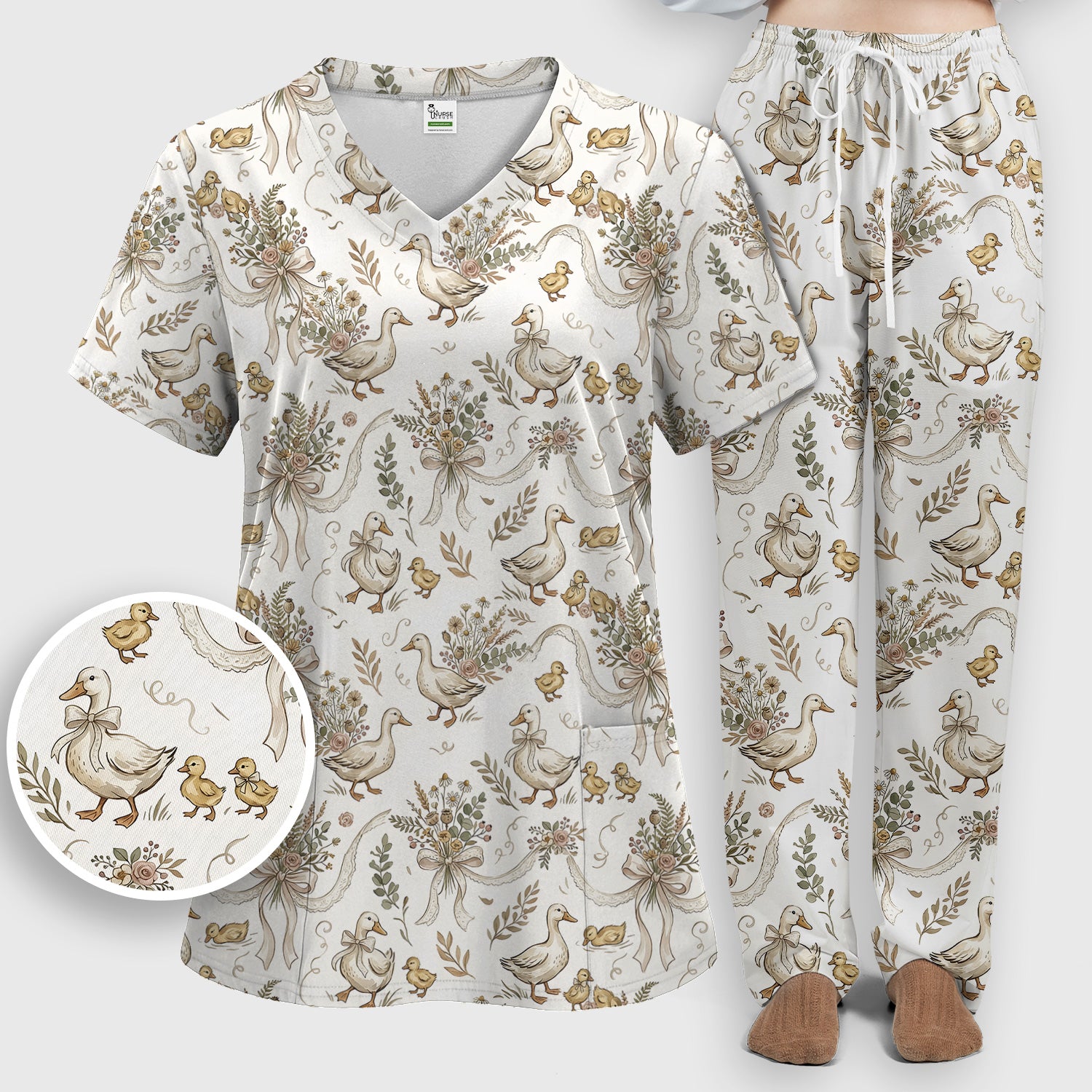 Vintage Duck Family Ribbon Floral Pattern Nurse Scrub Set, Scrub Pants and V Neck Top