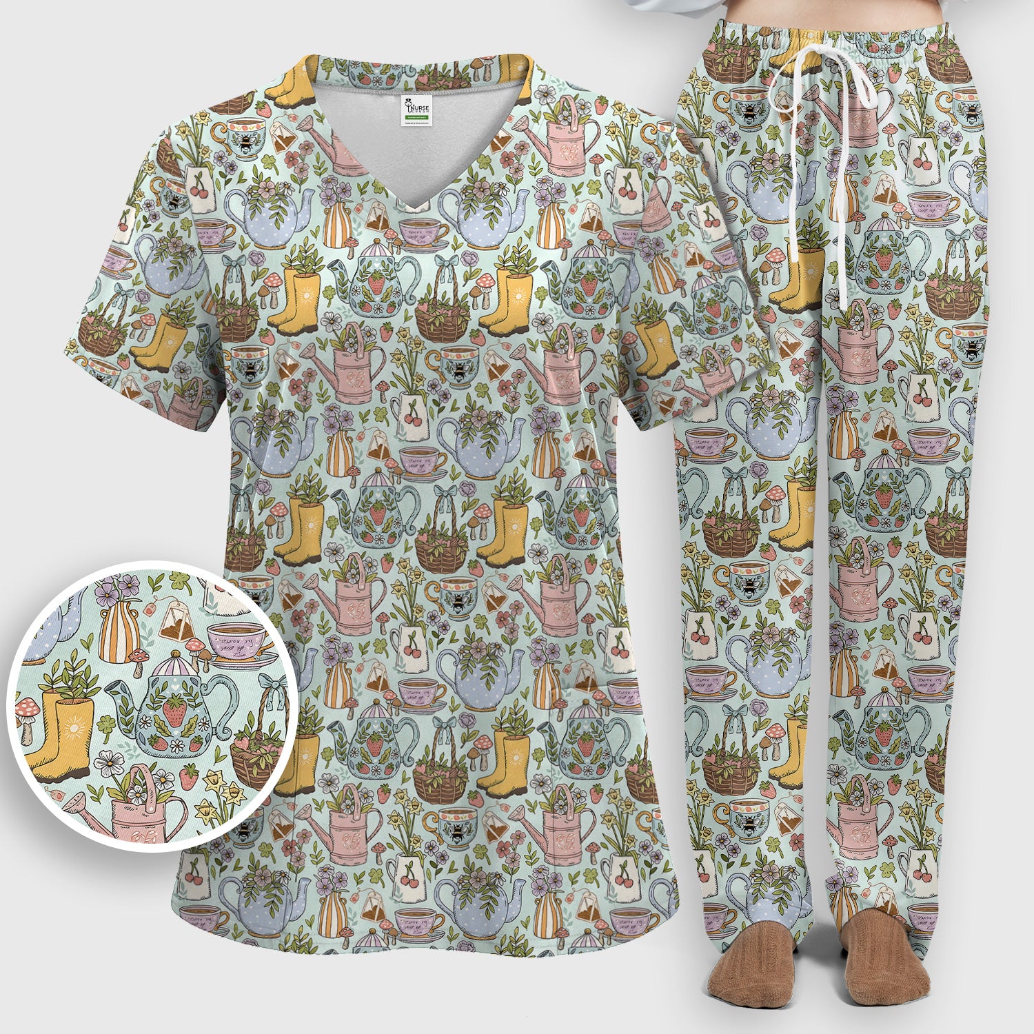 Garden Tea Party Floral Print Scrub Set, Scrub Pants and V Neck Top