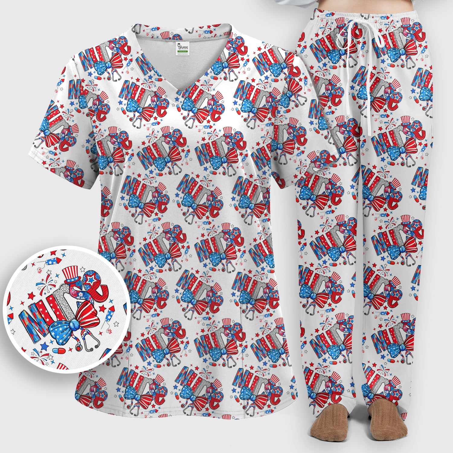 USA Nurse Stethoscope Patriotic Bow Hat Pattern Scrub Sets, Scrub Pants and V Neck Top