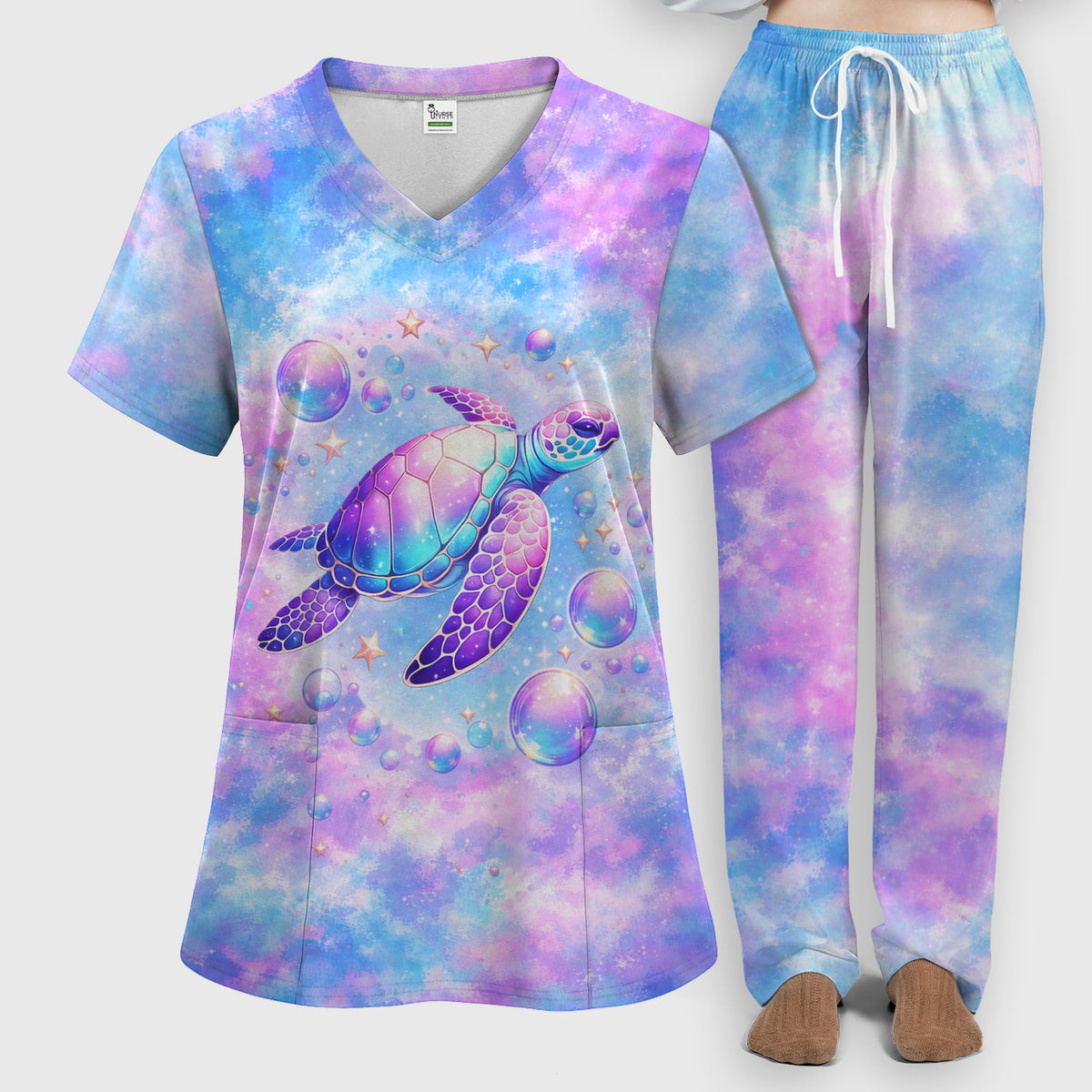 Pastel Galaxy Sea Turtle Bubble Art Scrub Set, Scrub Pants and V Neck Top