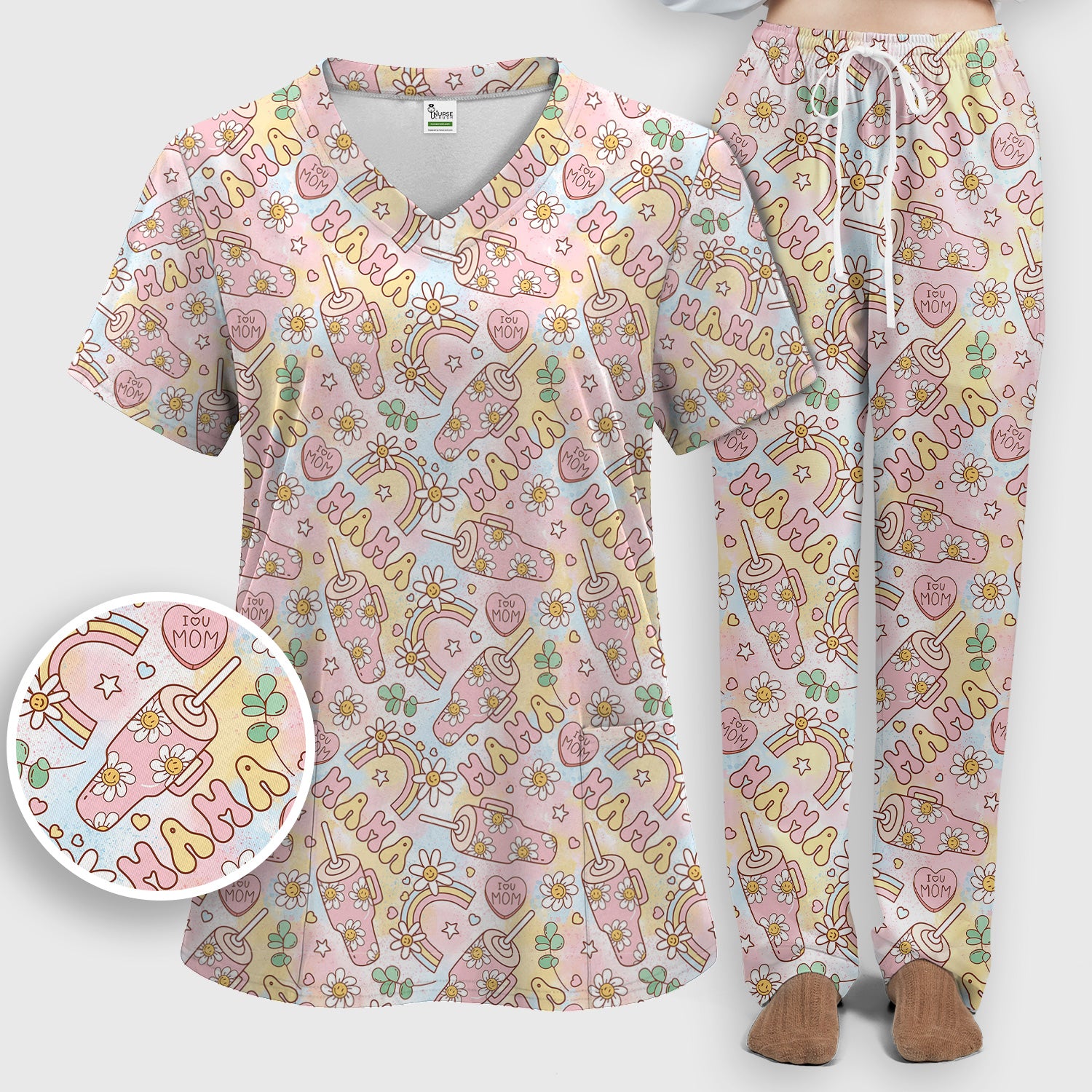Sweet Nurse Mama Daisy Rainbow Pattern Scrub Set, Scrub Pants and V Neck Top