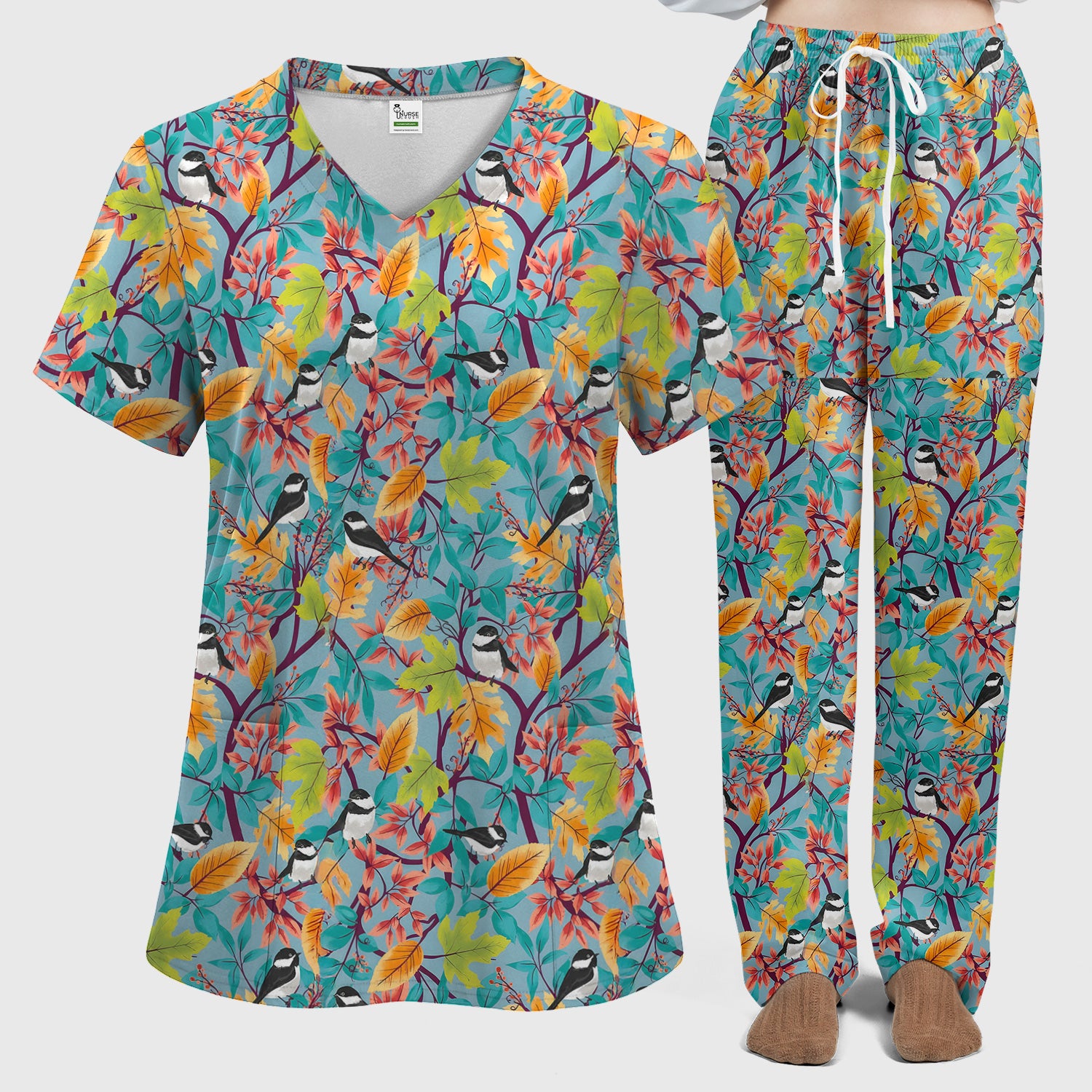 Autumn Leaf Chickadee Bird Pattern Scrub Set, Breathable Med Uniform
