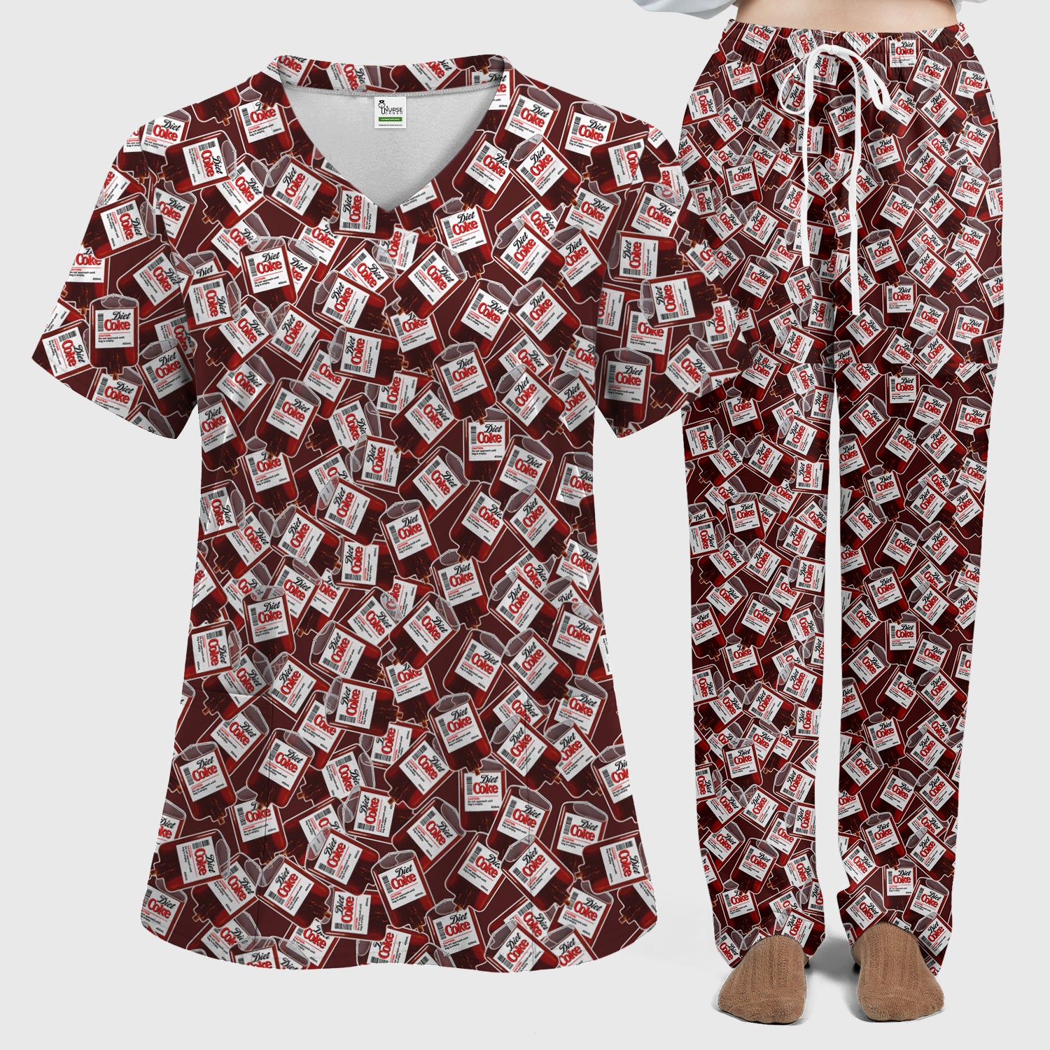 Soda Lover Scrub Set for Nurses, Retro Red Drink Print Medical Uniform Set