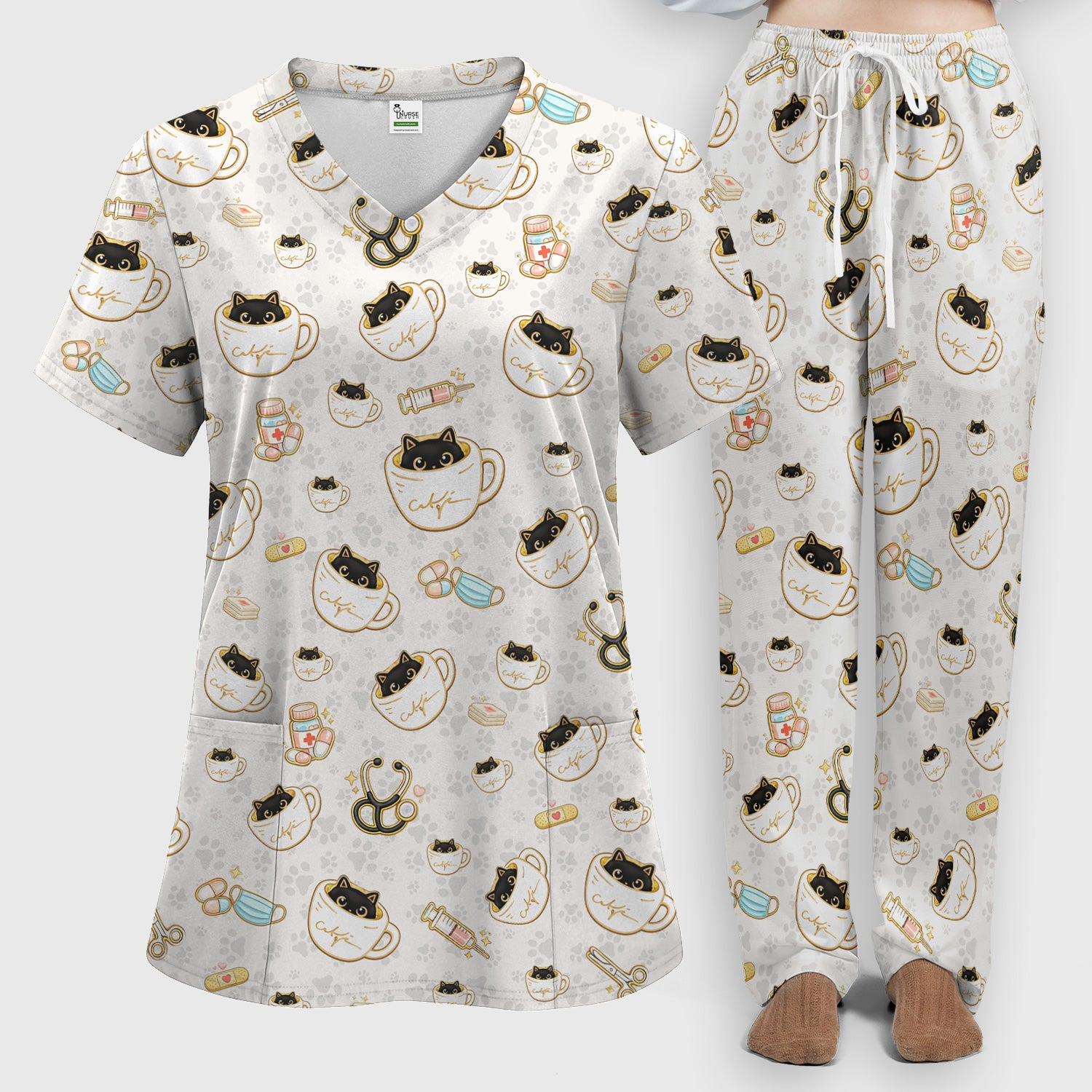 Cute Coffee Cat Medical Print Scrub Set, Scrub Pants and V Neck Top