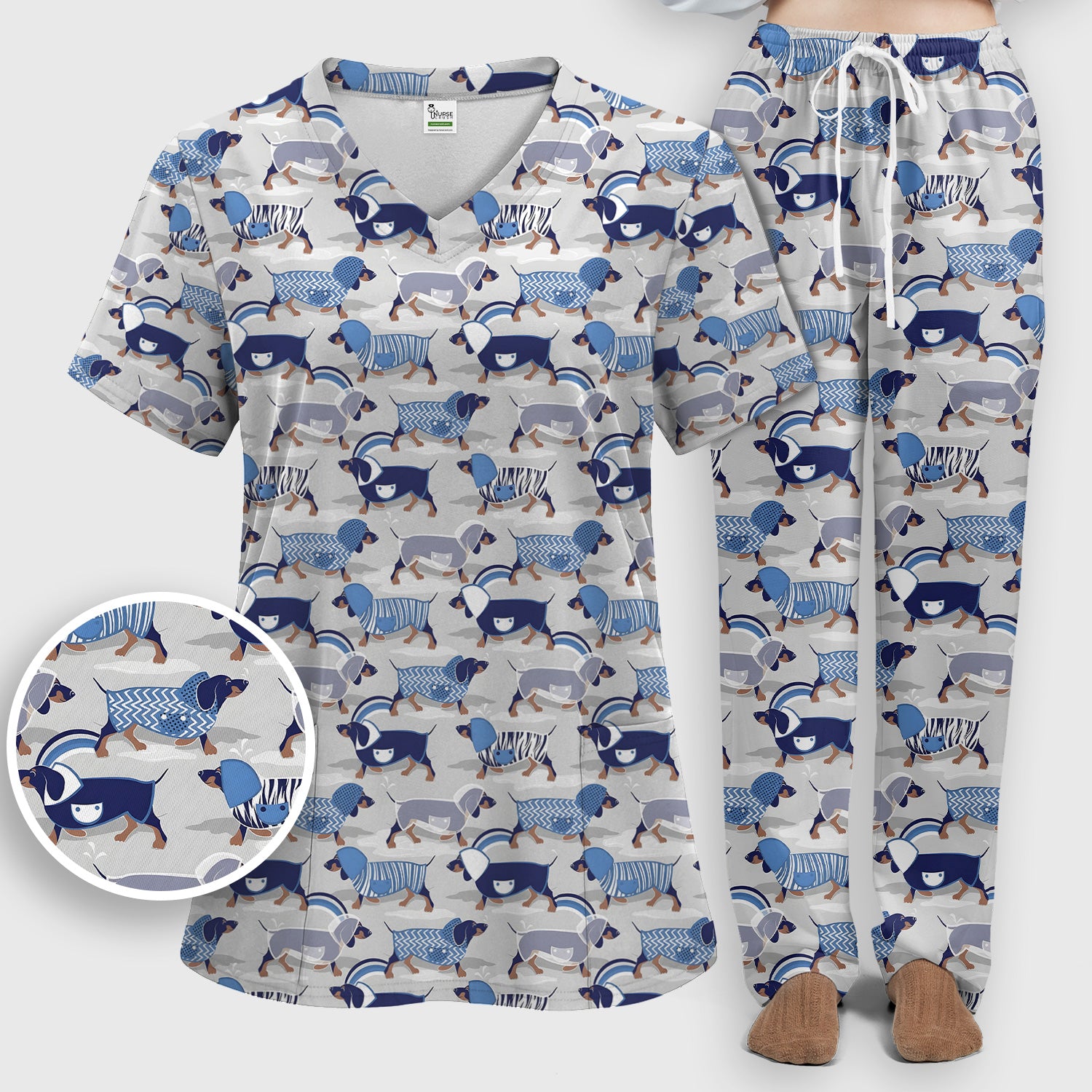 Cute Dachshund Raincoat Parade Pattern Scrub Set, Scrub Pants and V Neck Top