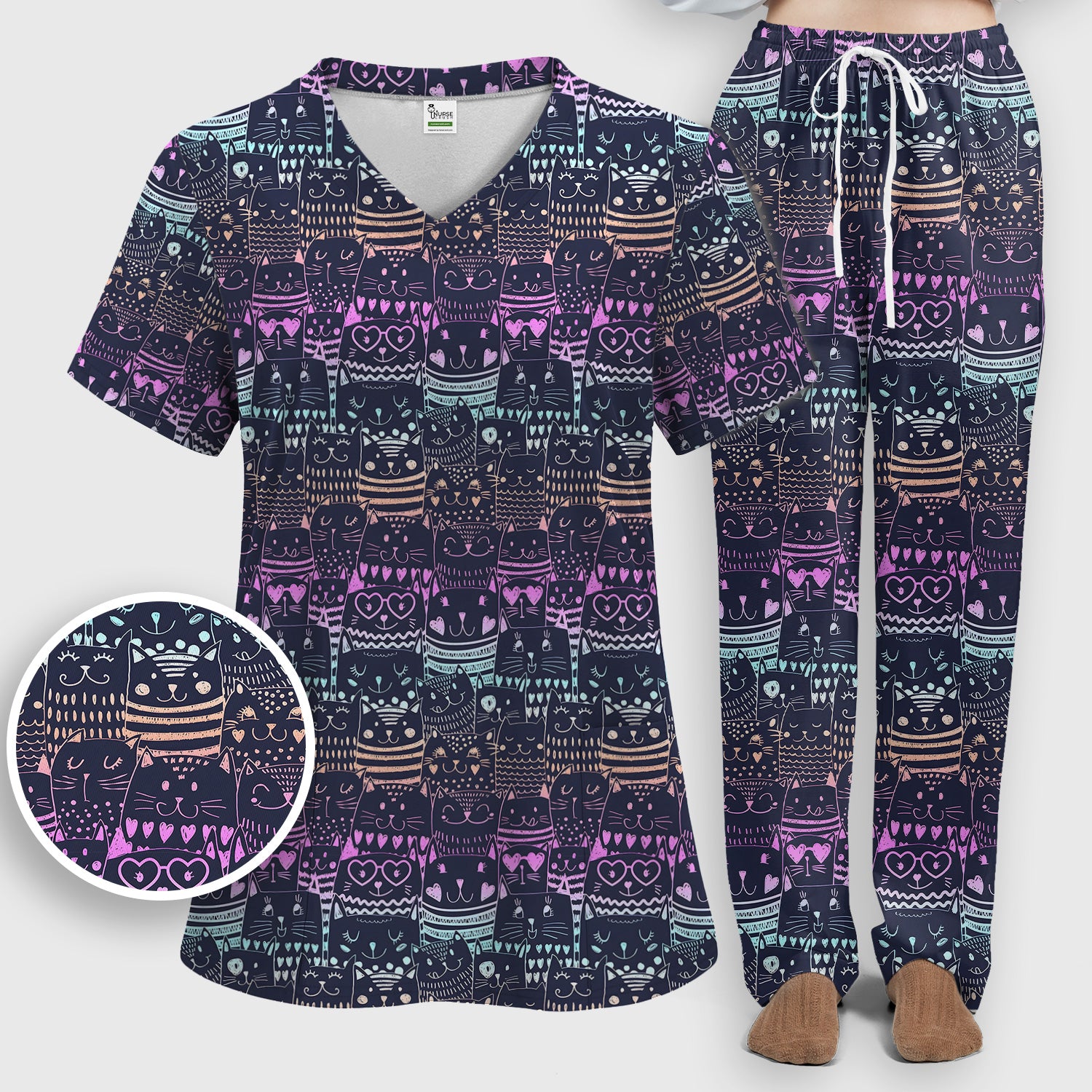 Cute Neon Cat Faces Pattern Scrub Set, Scrub Pants and V Neck Top