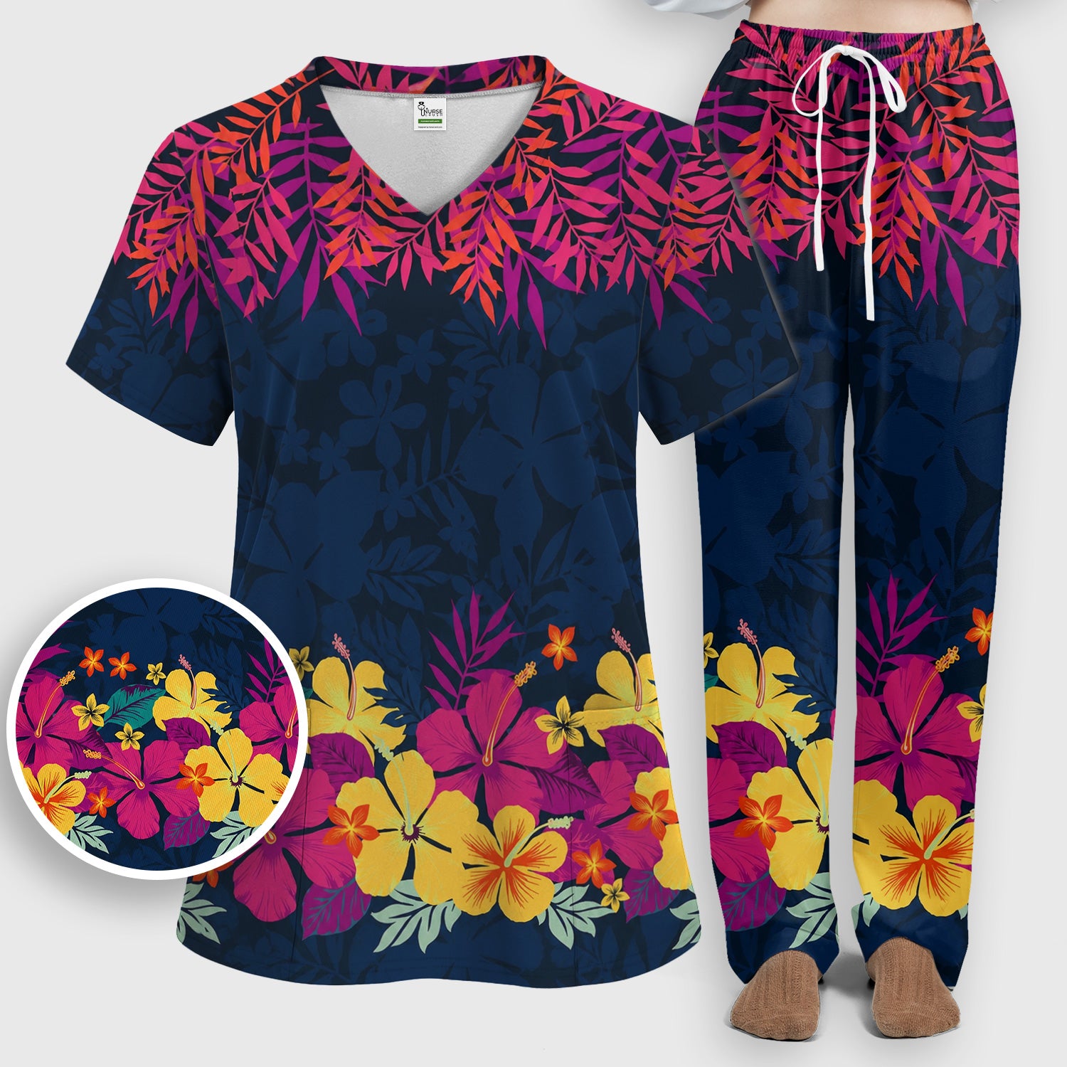 Tropical Hibiscus Palm Leaf Pattern Scrub Set, Scrub Pants and V Neck Top