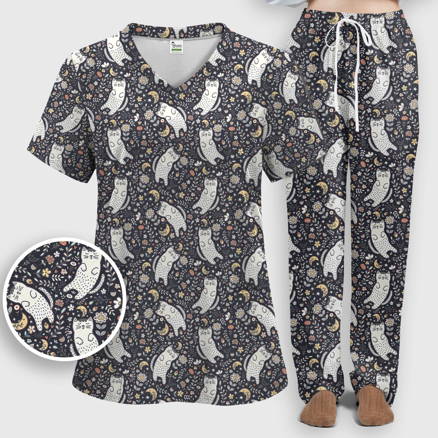 Moonlit Floral Cat Seamless Pattern Scrub Set, Scrub Pants and V Neck Top