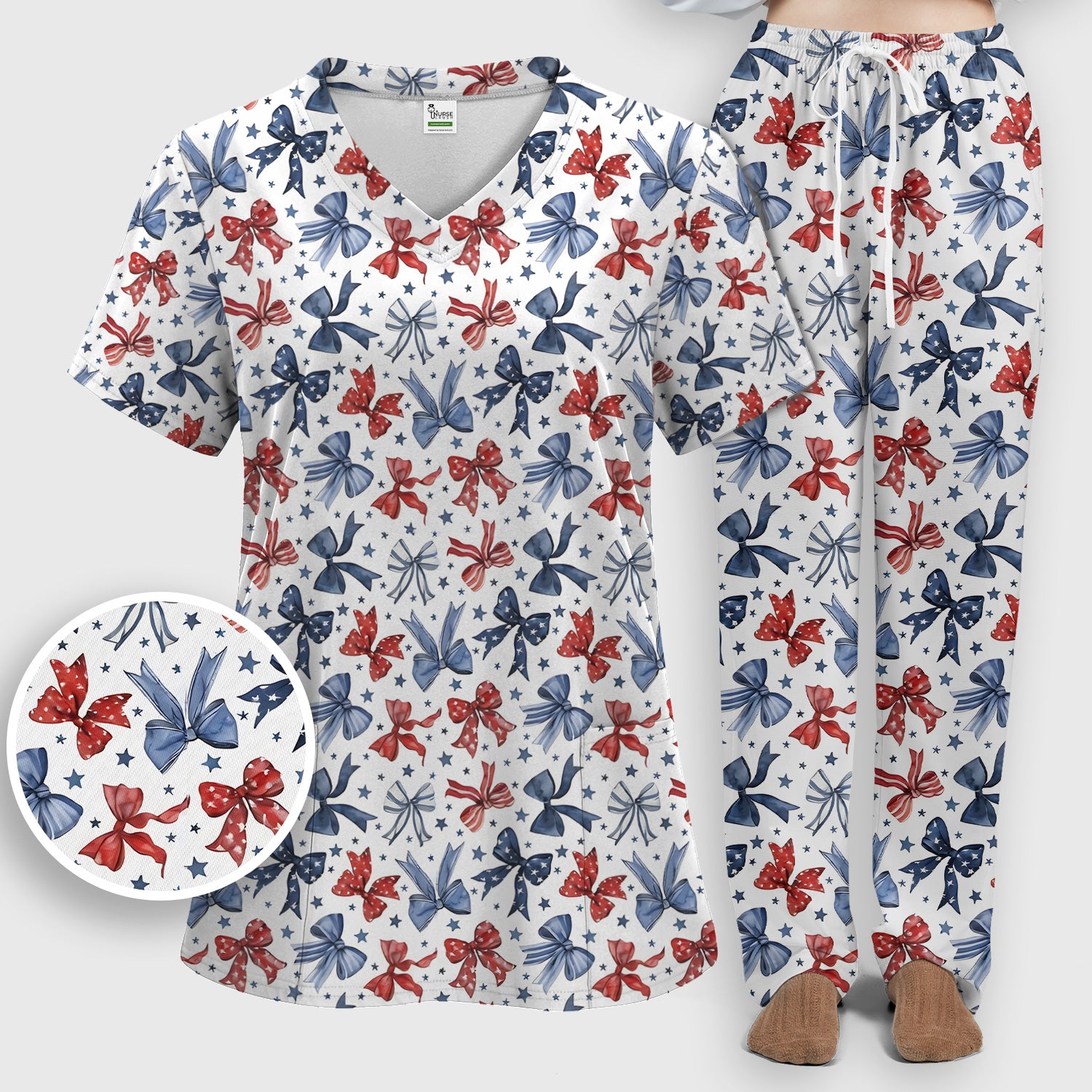 Patriotic Red Blue Ribbon Pattern Scrub Set, Scrub Pants and V Neck Top