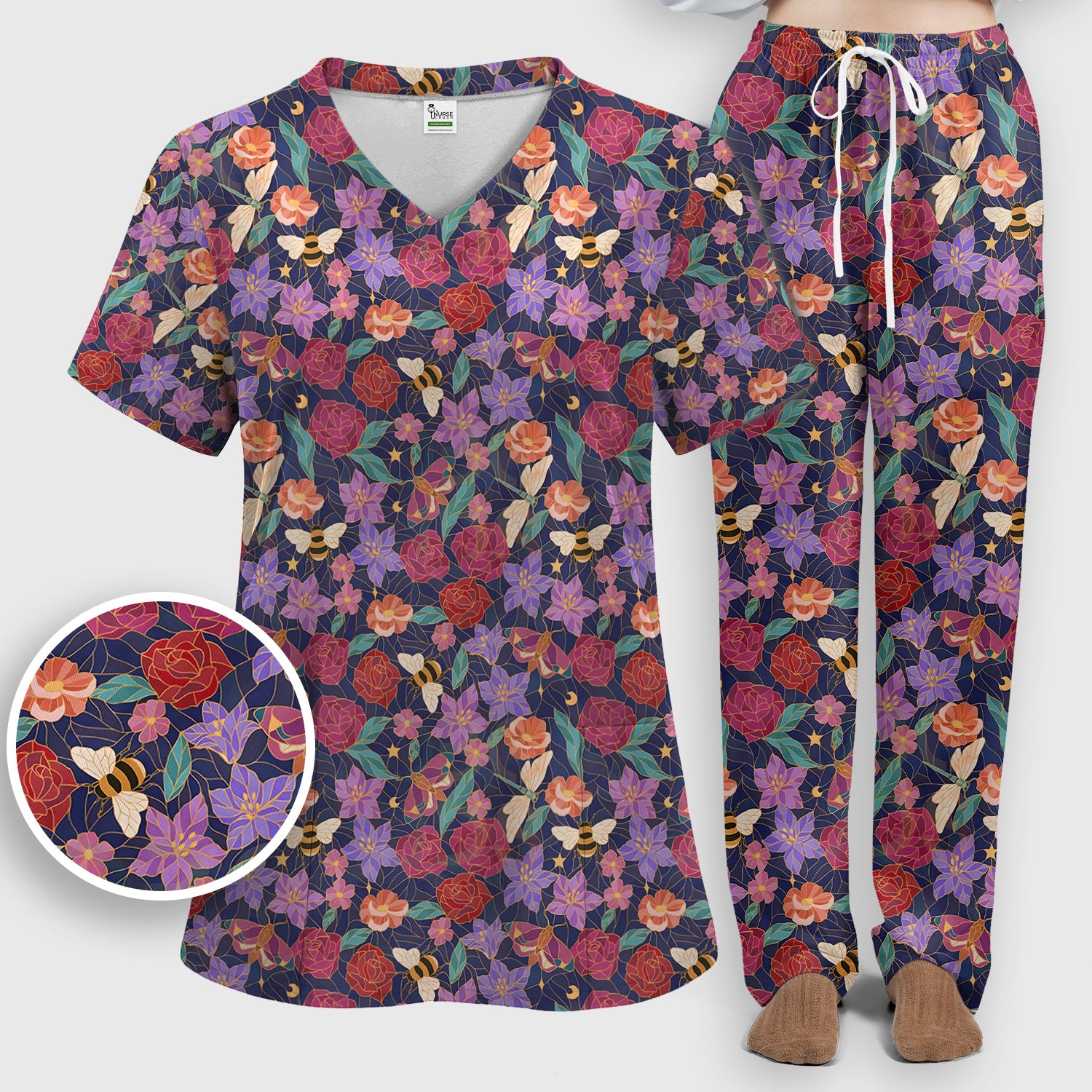 Charming Floral Garden With Bees And Dragonflies Scrub Set, Scrub Pants and V Neck Top