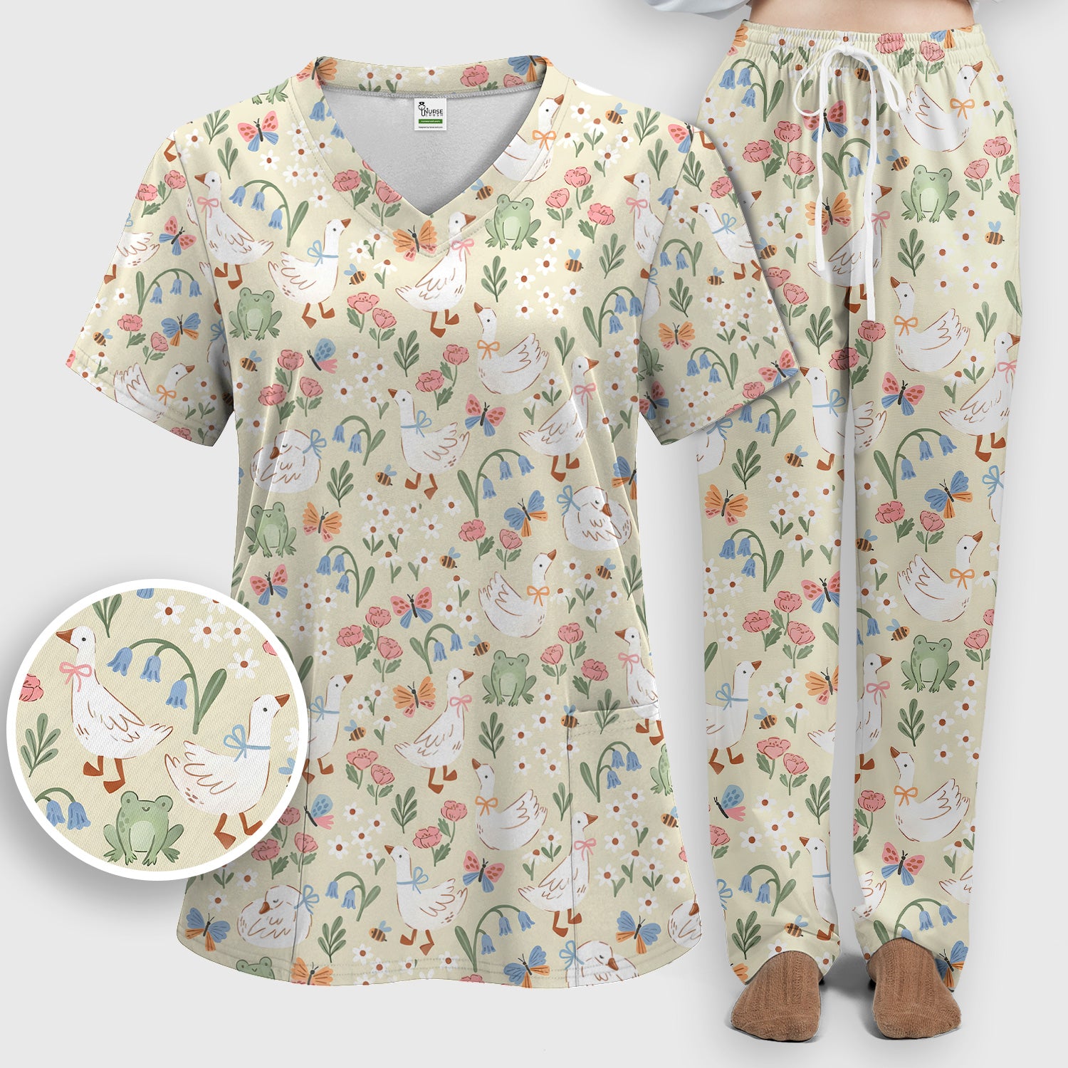 Cute Goose & Frog Garden Print Scrub Set, Scrub Pants and V Neck Top