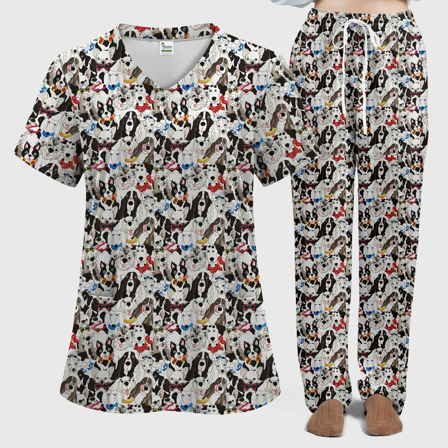 Cute Dog Cartoon All Over Print Scrub Set, Scrub Pants and V Neck Top