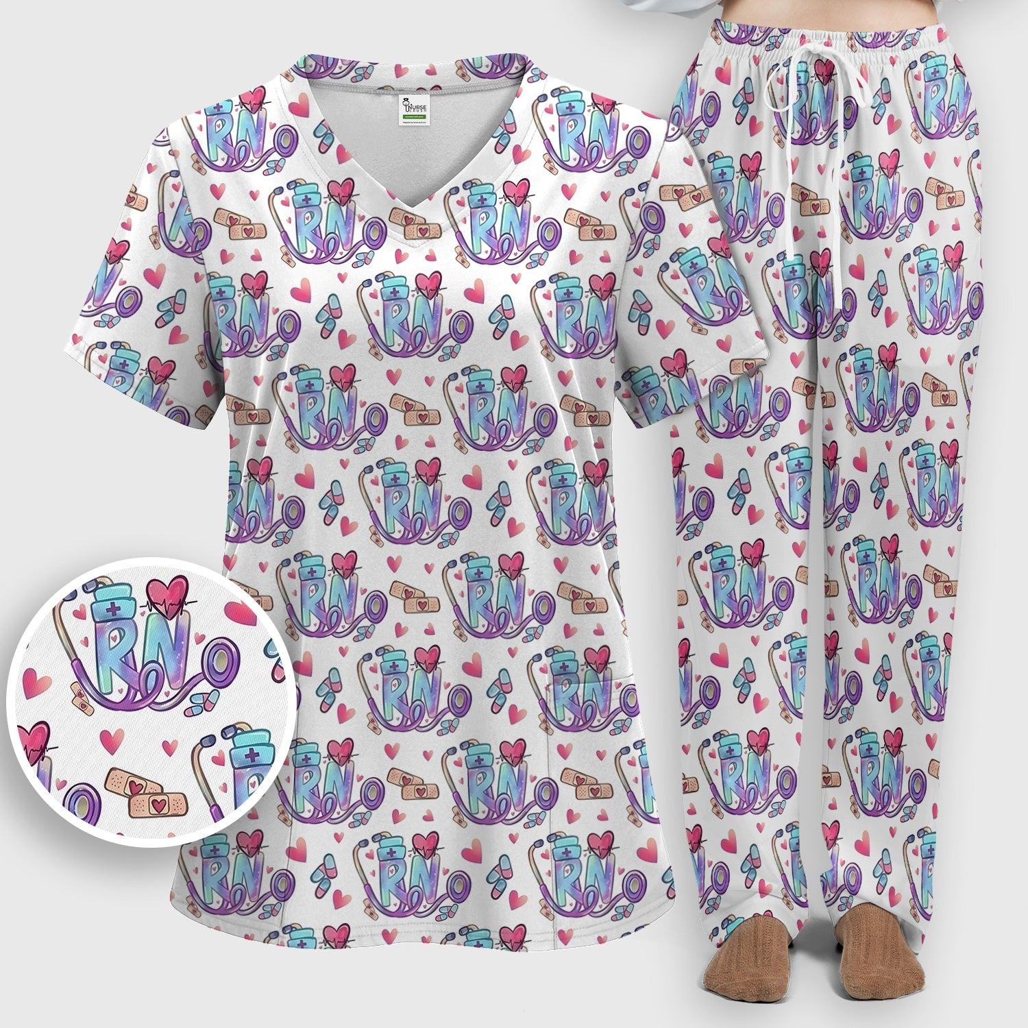 Nurse Life RN Heart Pattern Scrub Set, Scrub Pants and V Neck Top