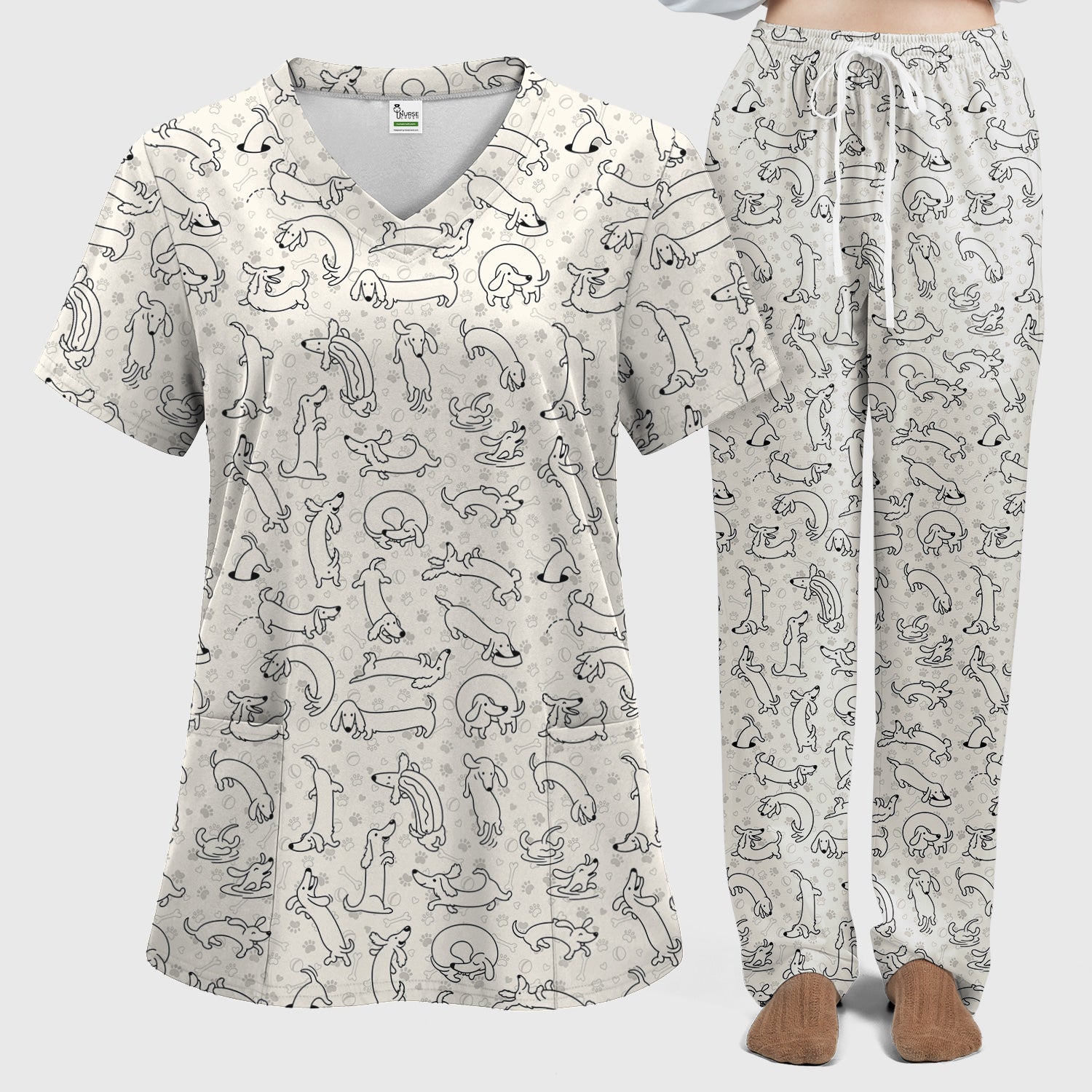 Playful Dachshund Dog Line Art Print Scrub Set, Scrub Pants and V Neck Top