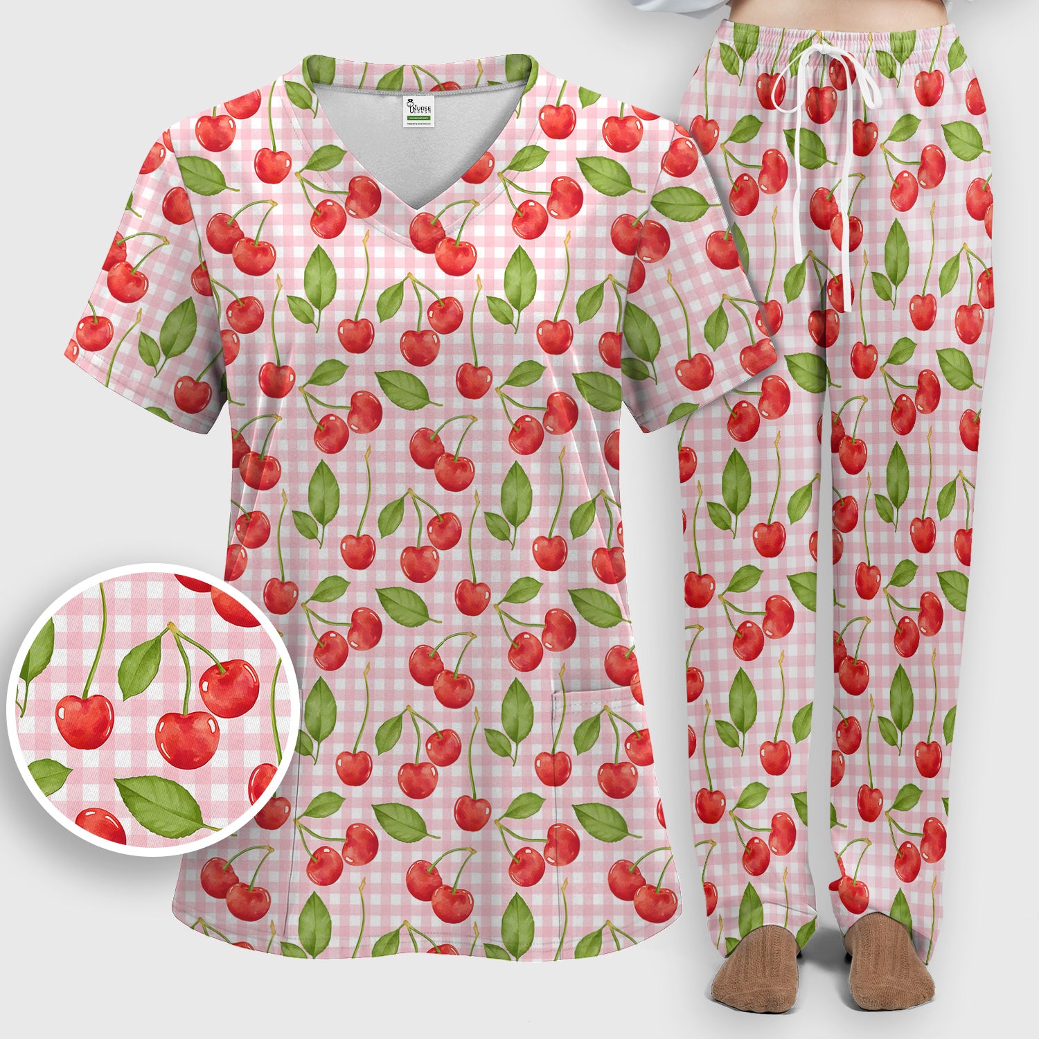 Sweet Red Cherry Gingham Pattern Scrub Set, Scrub Pants and V Neck Top