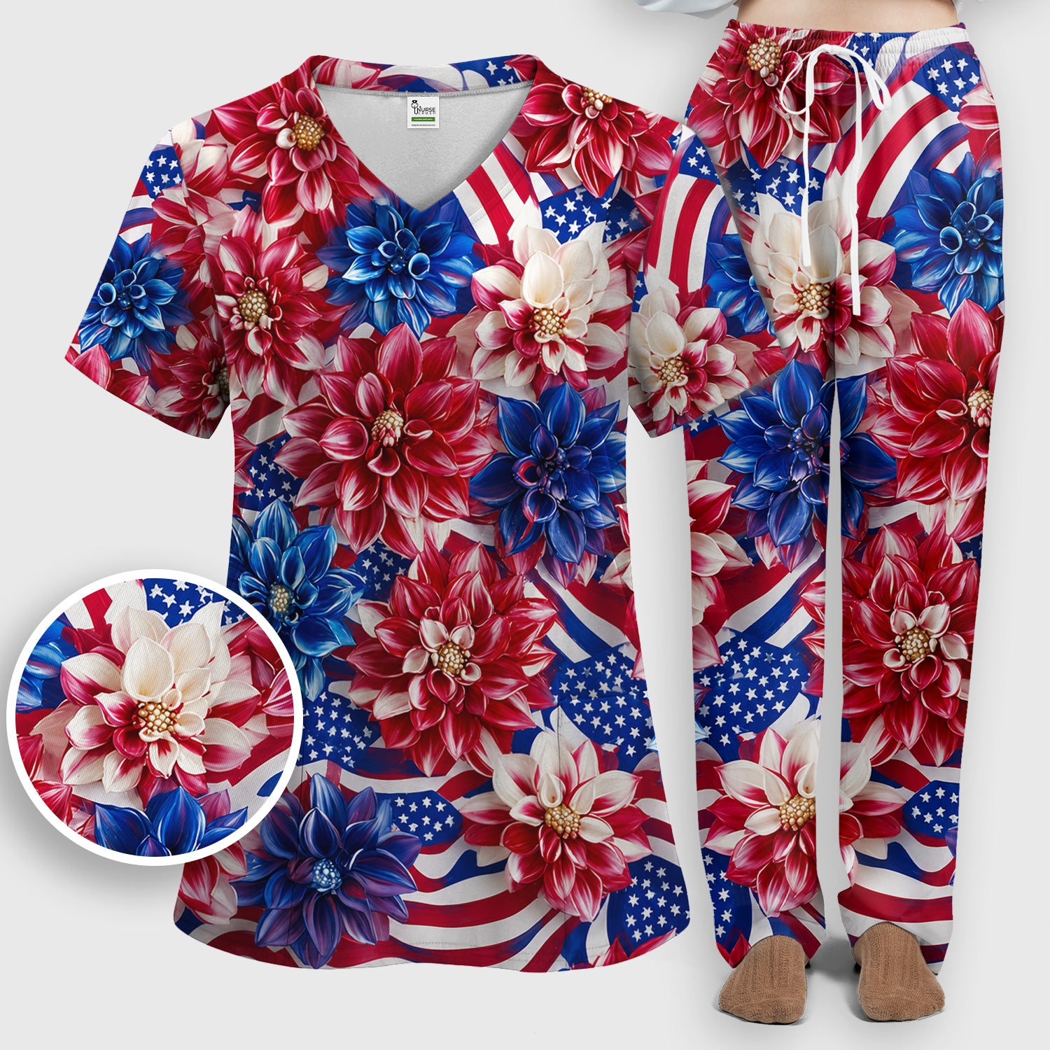 Festive Patriotic Floral Flag Pattern Scrub Set, Scrub Pants and V Neck Top