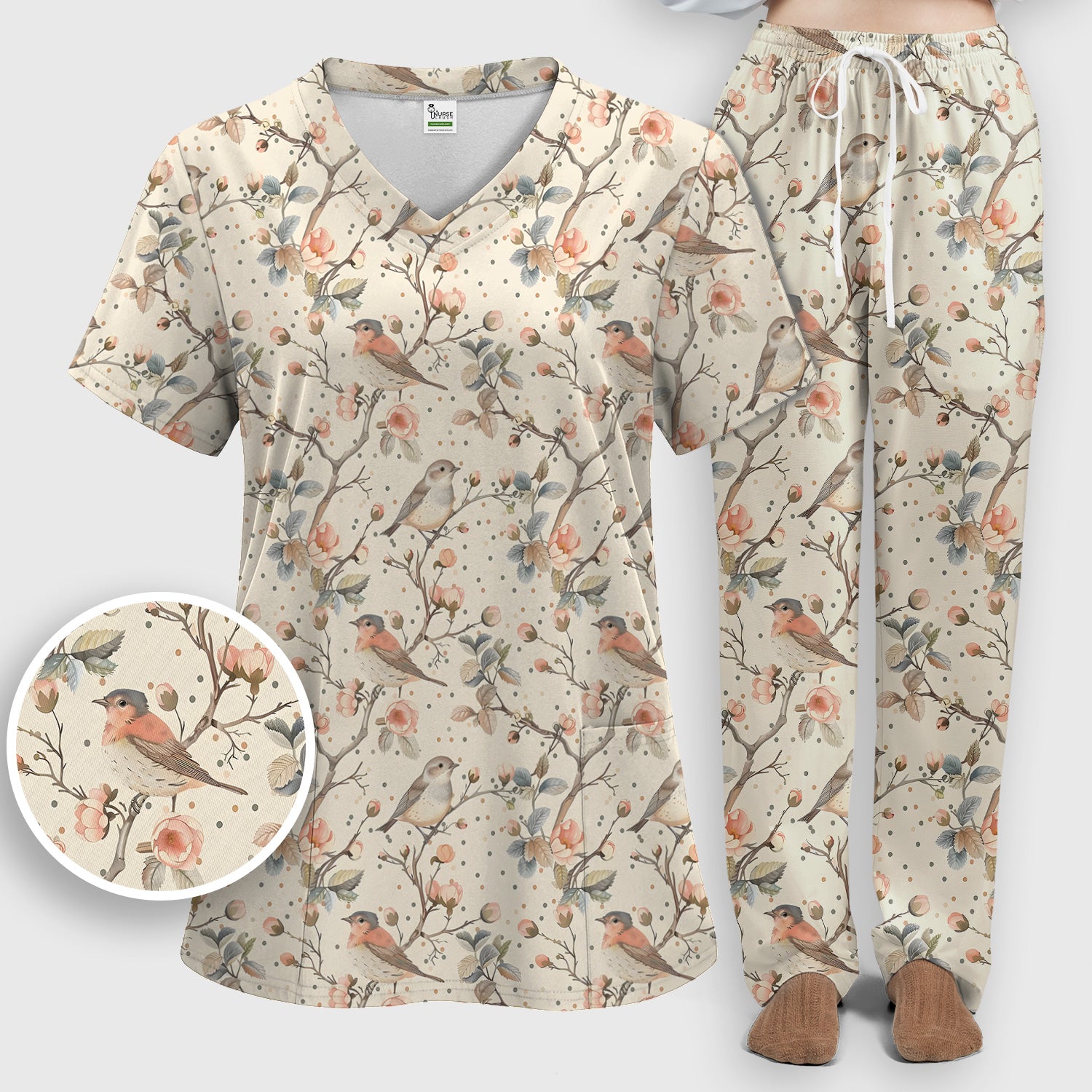 Vintage Bird Floral Branch Print Scrub Set, Scrub Pants and V Neck Top