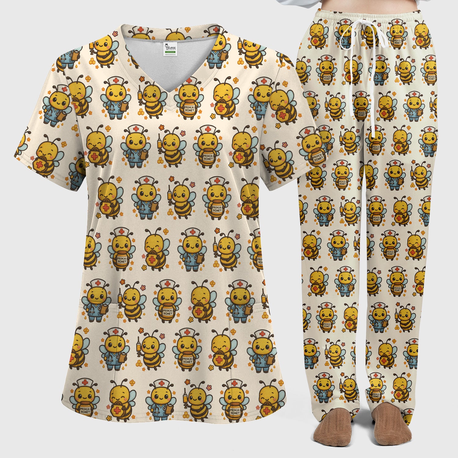 Cute Nurse Bee Scrub Set, Kawaii Medical Honey Bee Pattern Shirt for Nursing Professionals