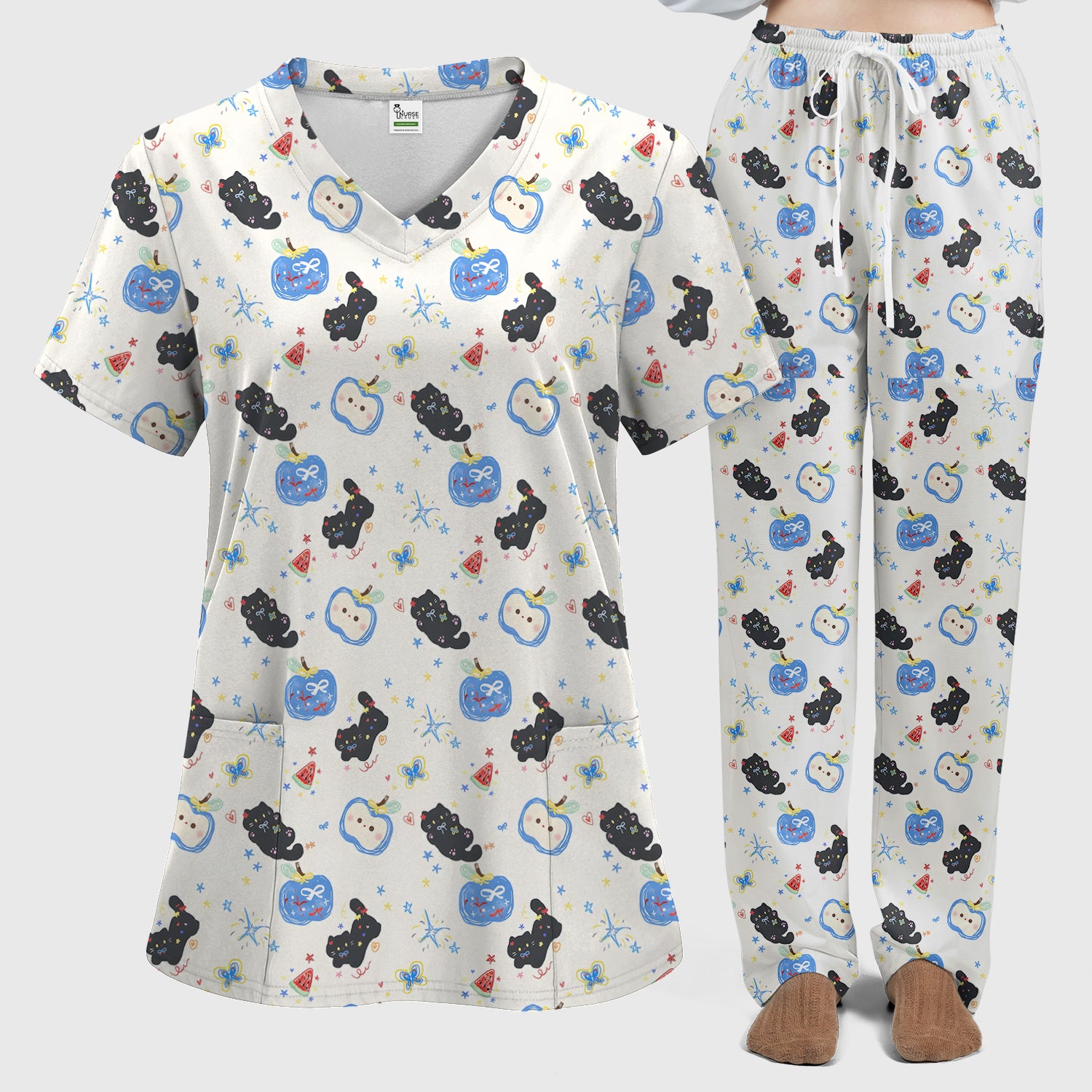Playful Black Cat Apple Pattern Medical Scrub Top for Medical Staff