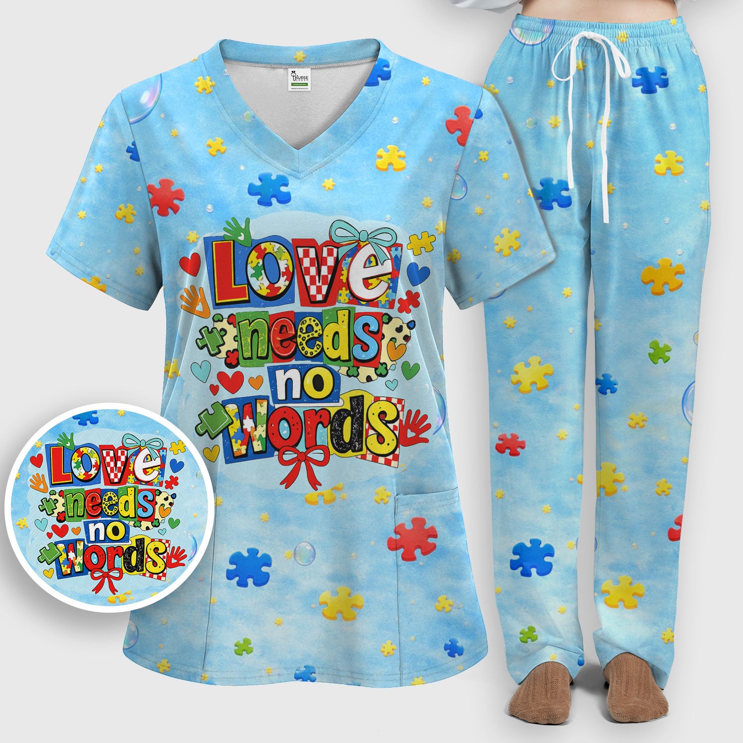 Autism Awareness Nurse Puzzle Love Needs No Words Pattern Scrub Set, Scrub Pants and V Neck Top