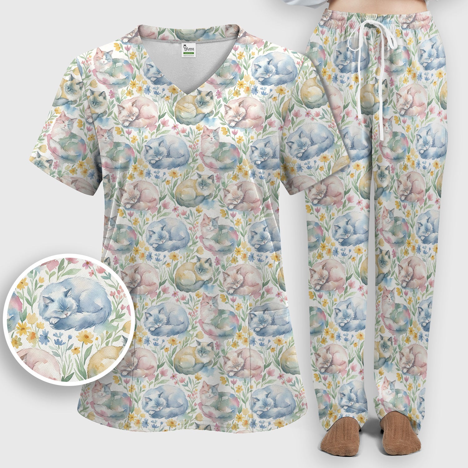 Dreamy Sleeping Cat Floral Pattern Scrub Set, Scrub Pants and V Neck Top
