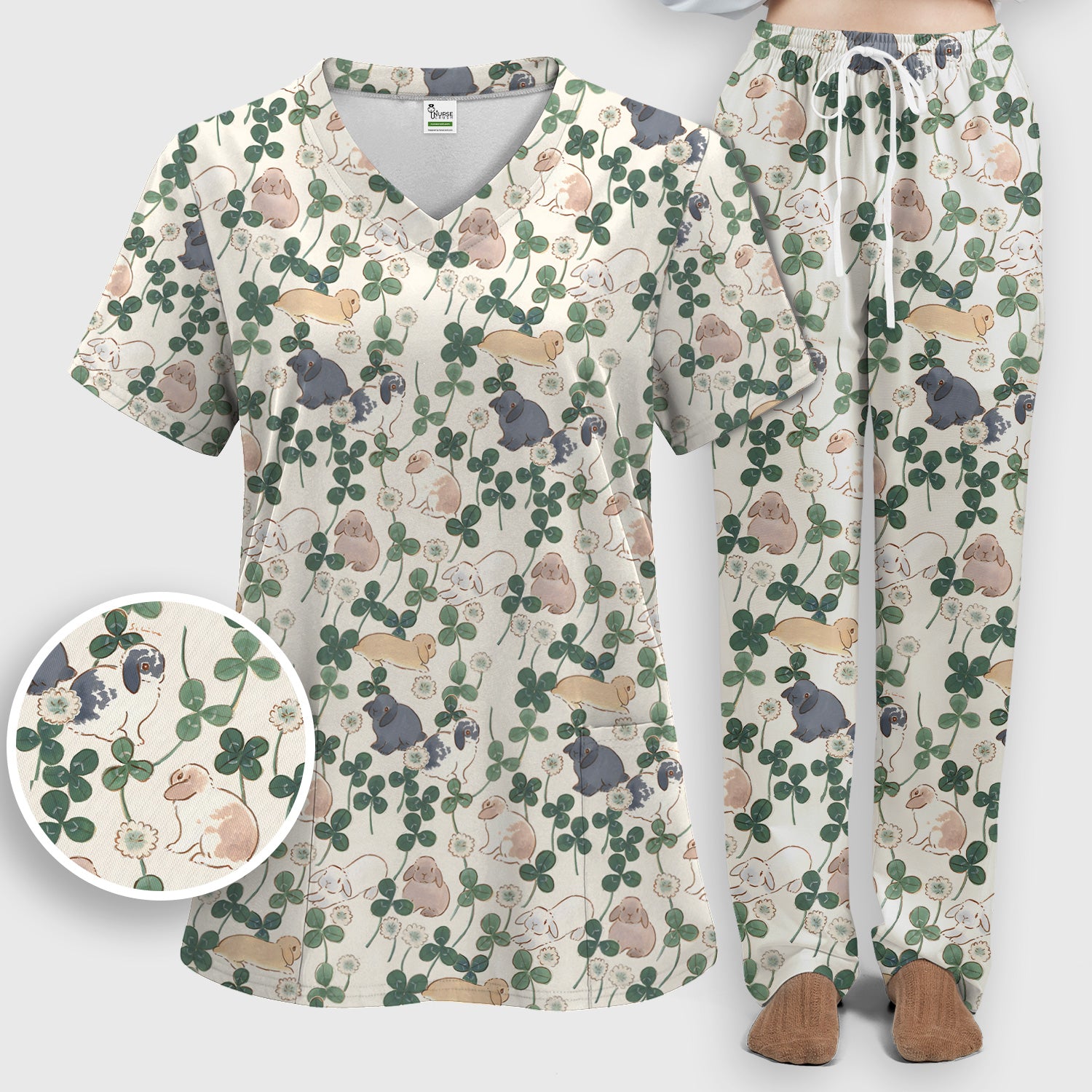 Cute Bunny Clover Garden Meadow Pattern Nurse Scrub Set, Scrub Pants and V Neck Top