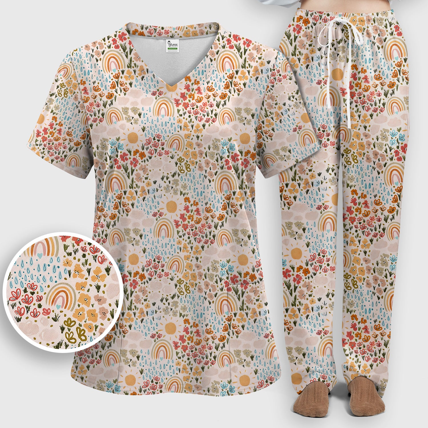 Cute Wildflower Meadow With Rainbow Sun And Raindrops Scrub Set, Scrub Pants and V Neck Top