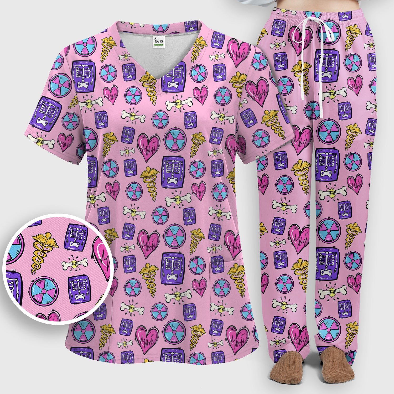Sassy Nurse Heart Bone Caduceus Xray Icon Print Scrub Set, Scrub Pants and V Neck Top