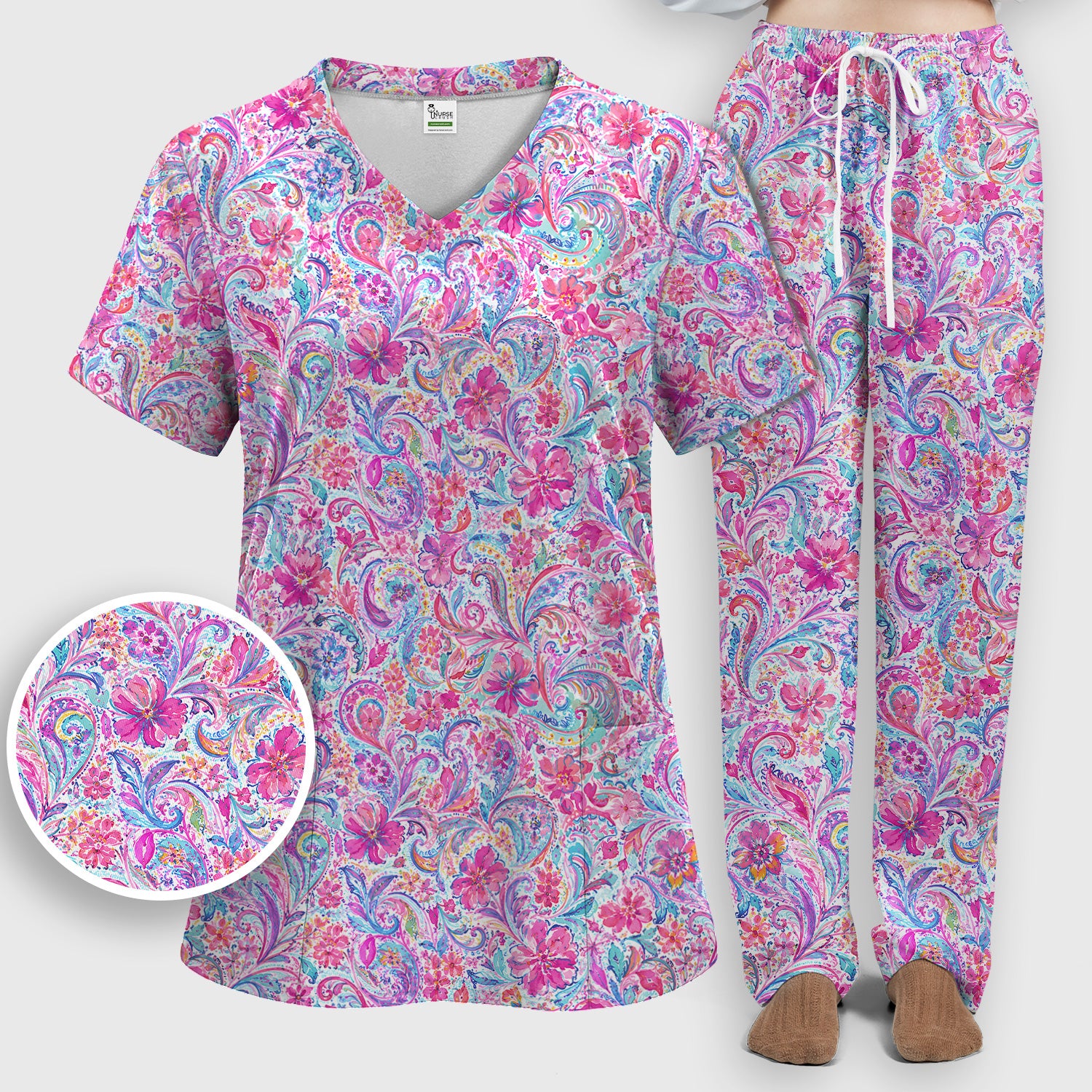 Elegant Pink Paisley Blossom Pattern Scrub Set, Scrub Pants and V Neck Top
