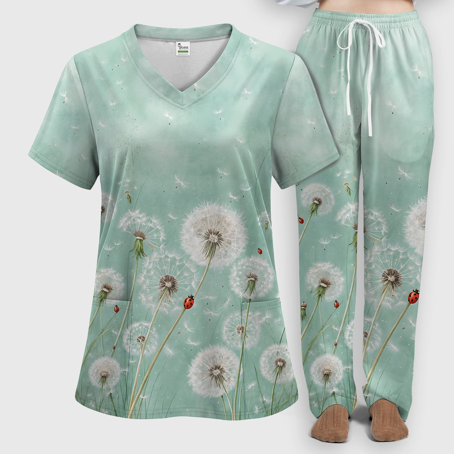 Dandelion Wishes Ladybug Meadow Pattern Scrub Set, Scrub Pants and V Neck Top