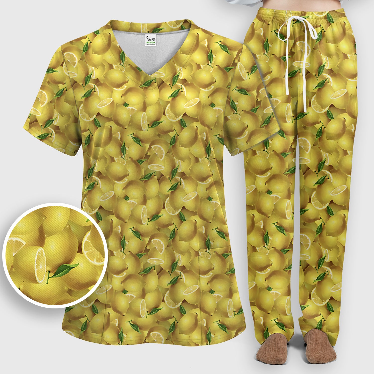 Fresh Lemon Fruit Pattern Scrub Sets, Scrub Pants and V Neck Top