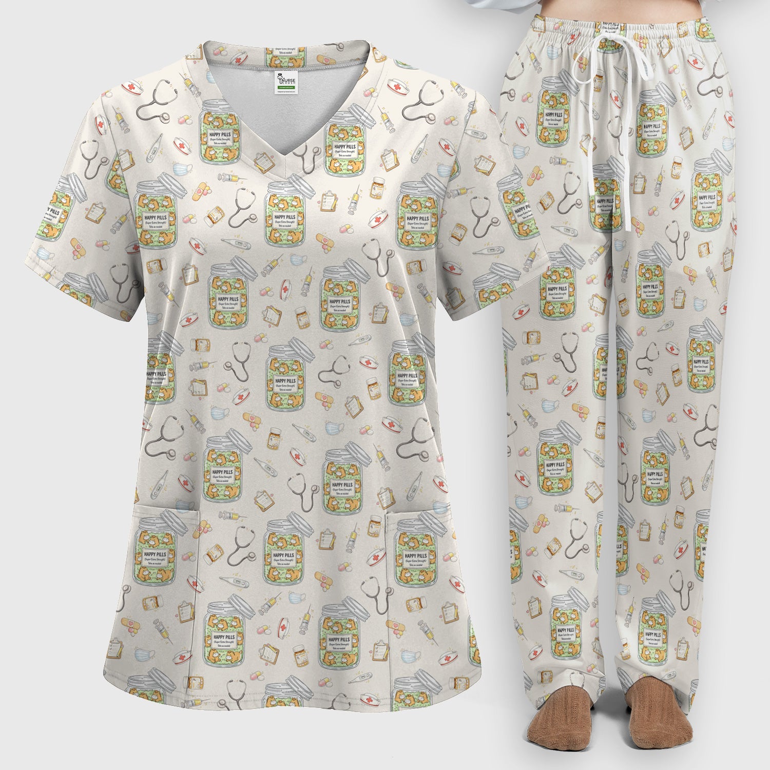 Happy Pills Horse Medical Print Women's Scrub Set, Scrub Pants and V-Neck Top