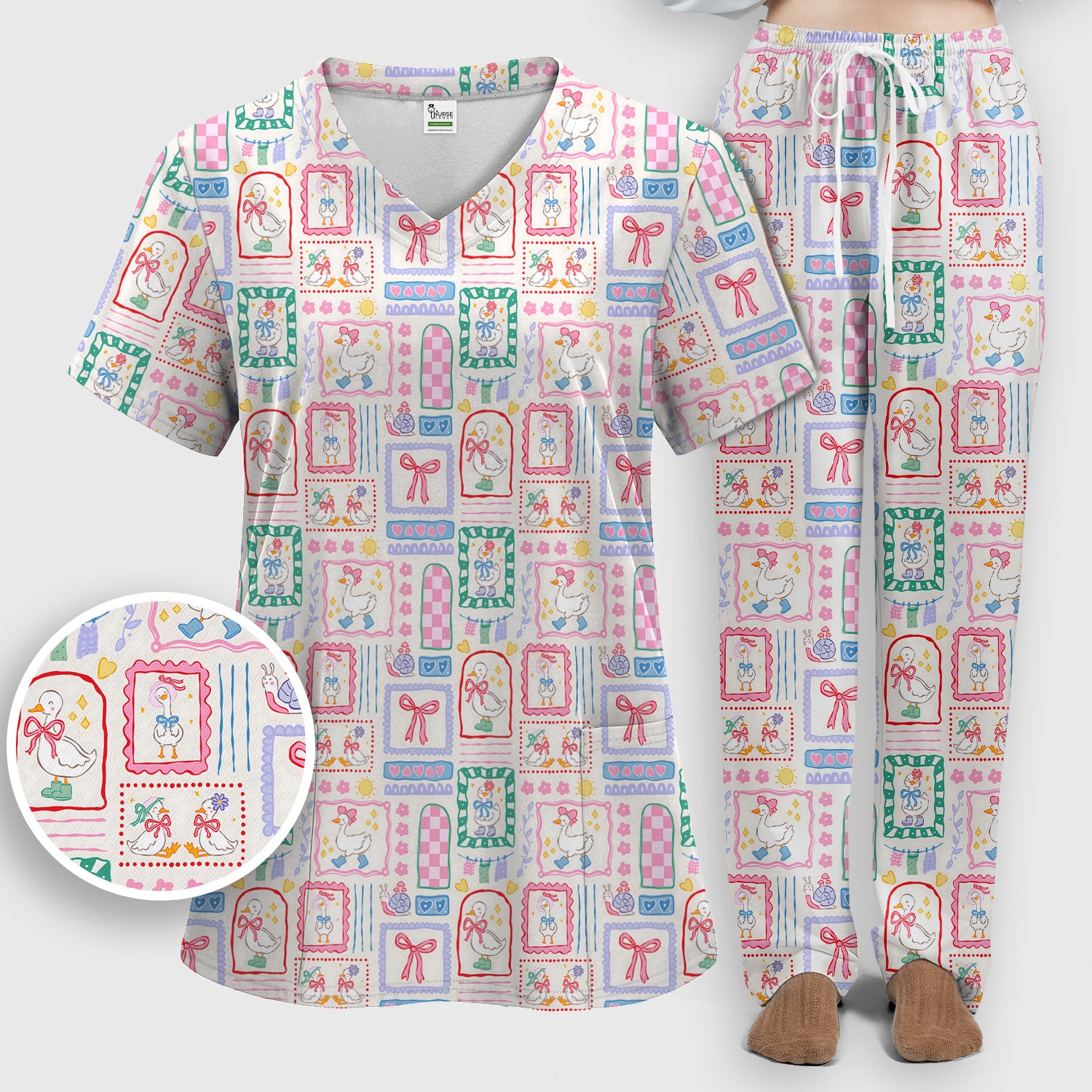 Adorable Nurse Goose Ribbon Patchwork Frame Pattern Scrub Set, Scrub Pants and V Neck Top