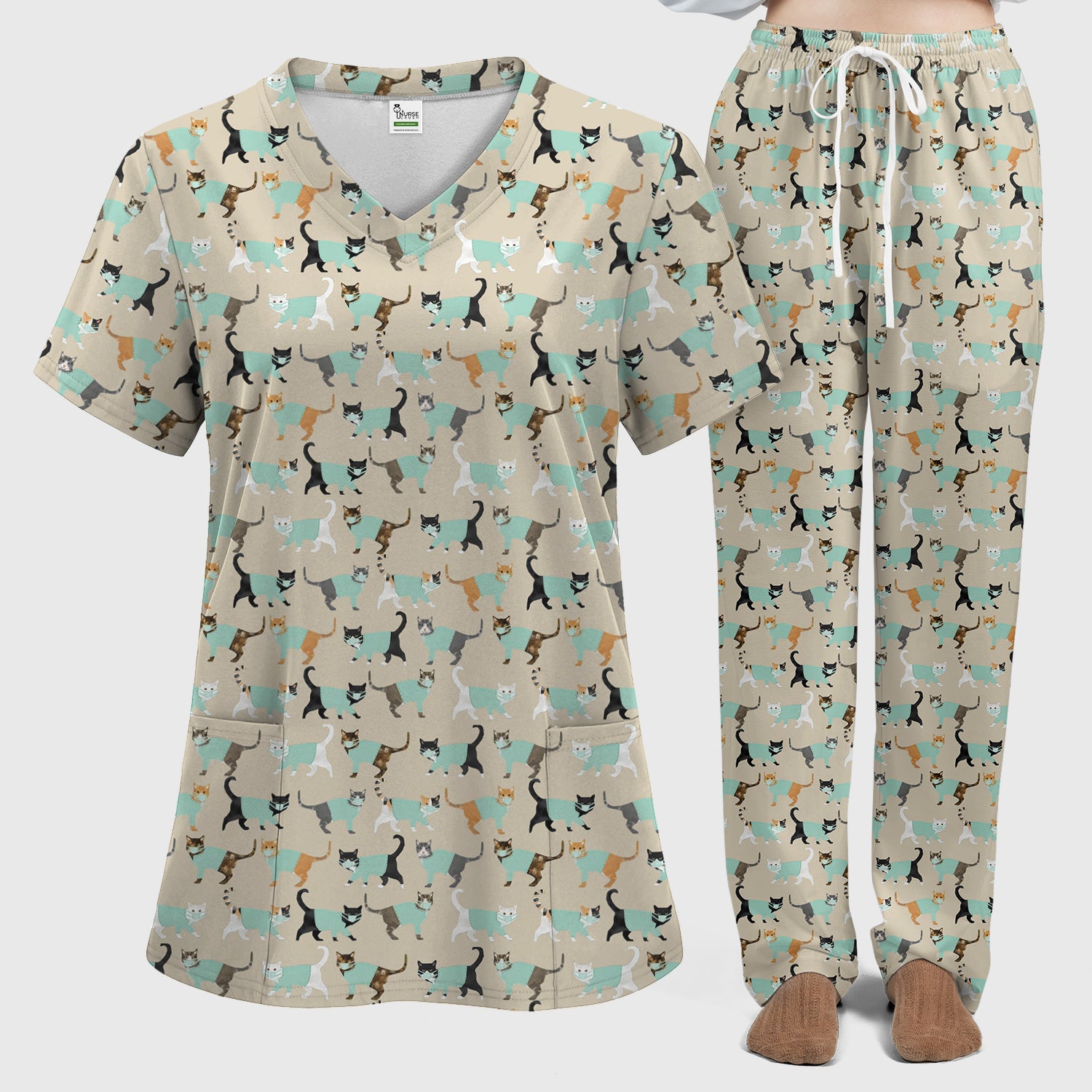 Playful Cat Nurse All Over Print Scrub Set, Scrub Pants and V Neck Top