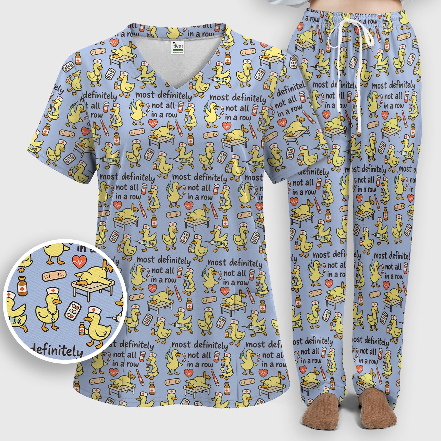 Funny Nurse Duck Medical Humor Pattern Scrub Set, Scrub Pants and V Neck Top