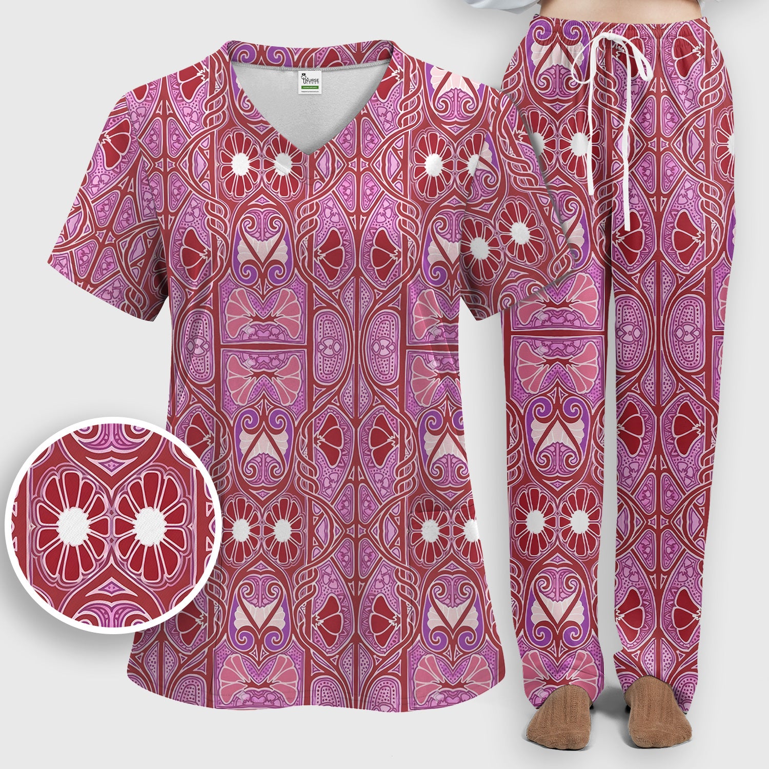 Vintage Ornamental Floral Pattern Scrub Set, Scrub Pants and V Neck Top