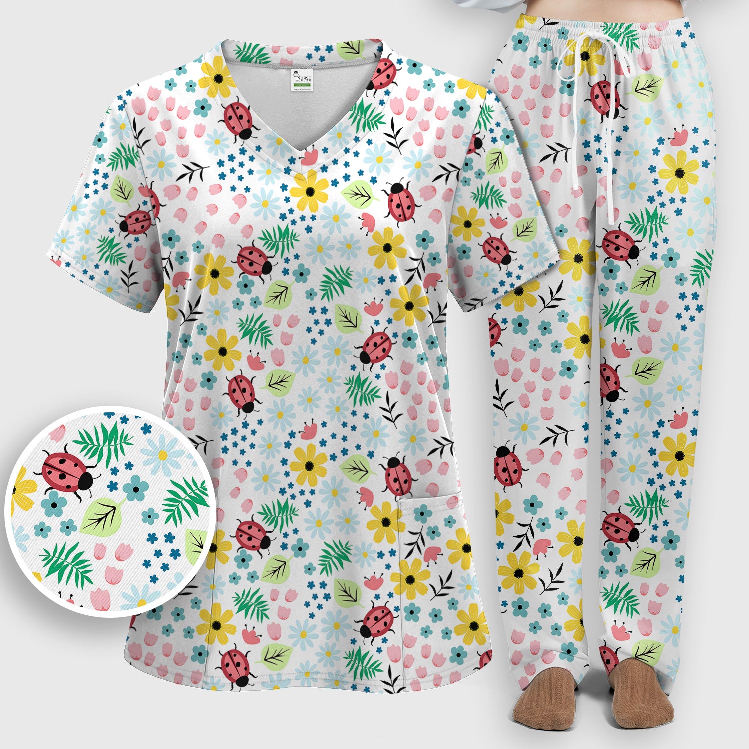 Cute Ladybug Floral Garden Print Scrub Set, Scrub Pants and V Neck Top