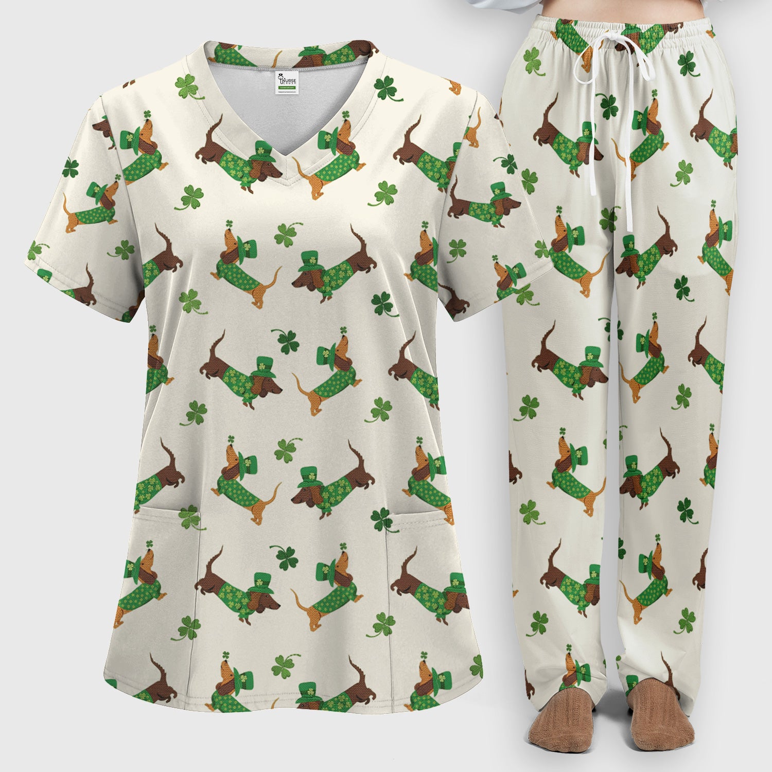 St. Patrick’s Day Dachshund Scrub Set, Funny Wiener Dog Nurse Shirt, Breathable Fabrics Nursing Uniform