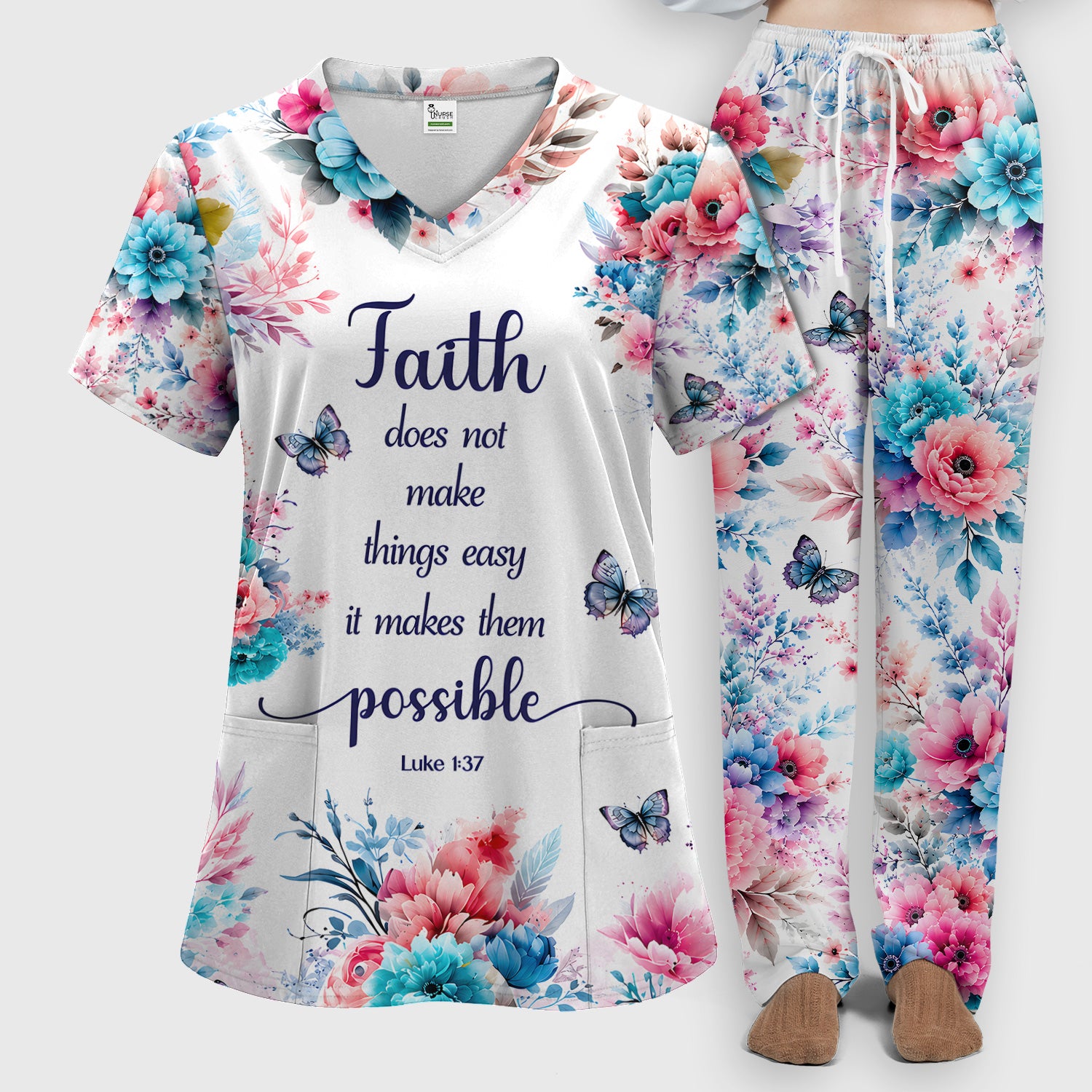 Inspirational Faith Floral Butterfly Pattern Scrub Set, Scrub Pants and V Neck Top
