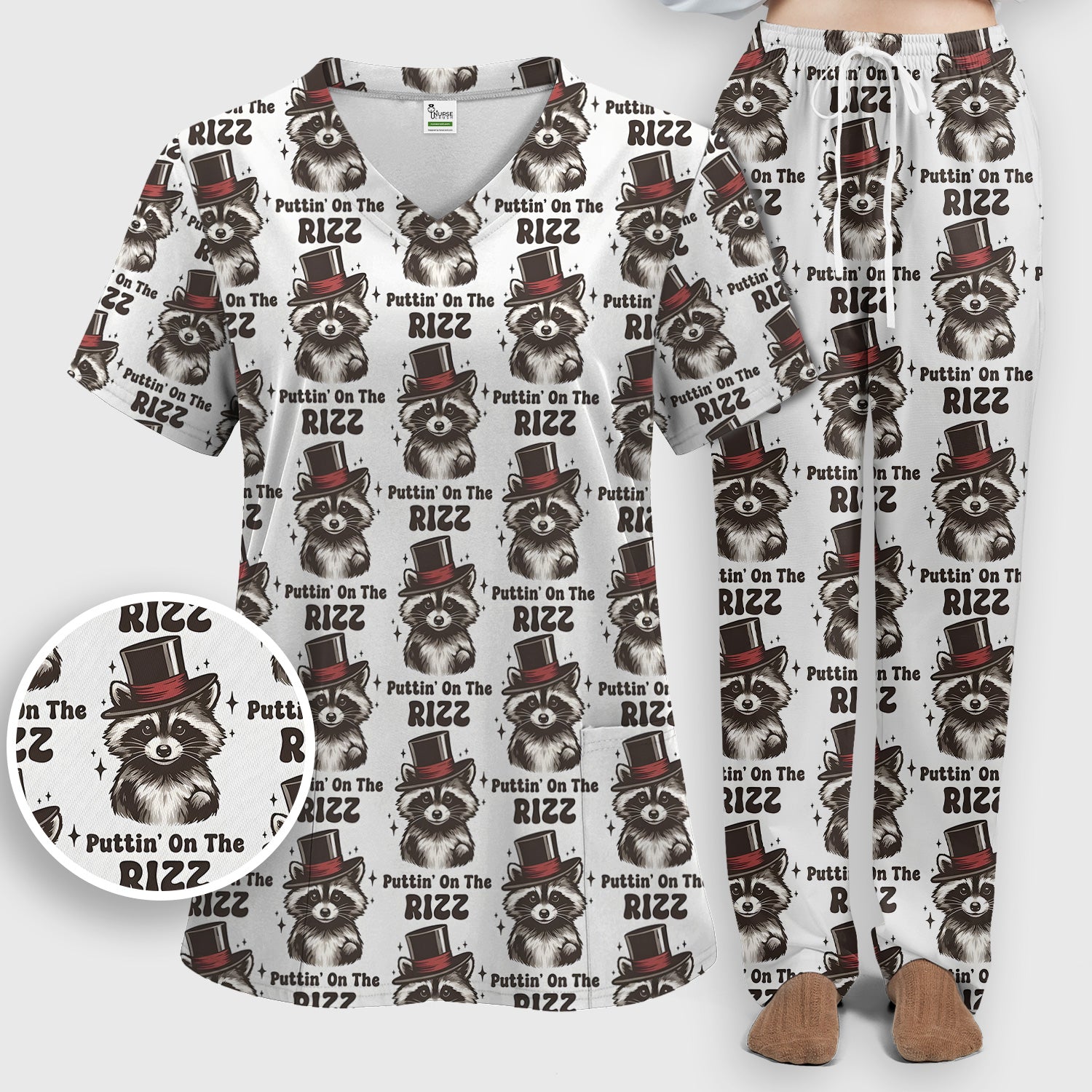 Raccoon Wearing Top Hat Puttin On The Rizz Scrub Set, Scrub Pants and V Neck Top
