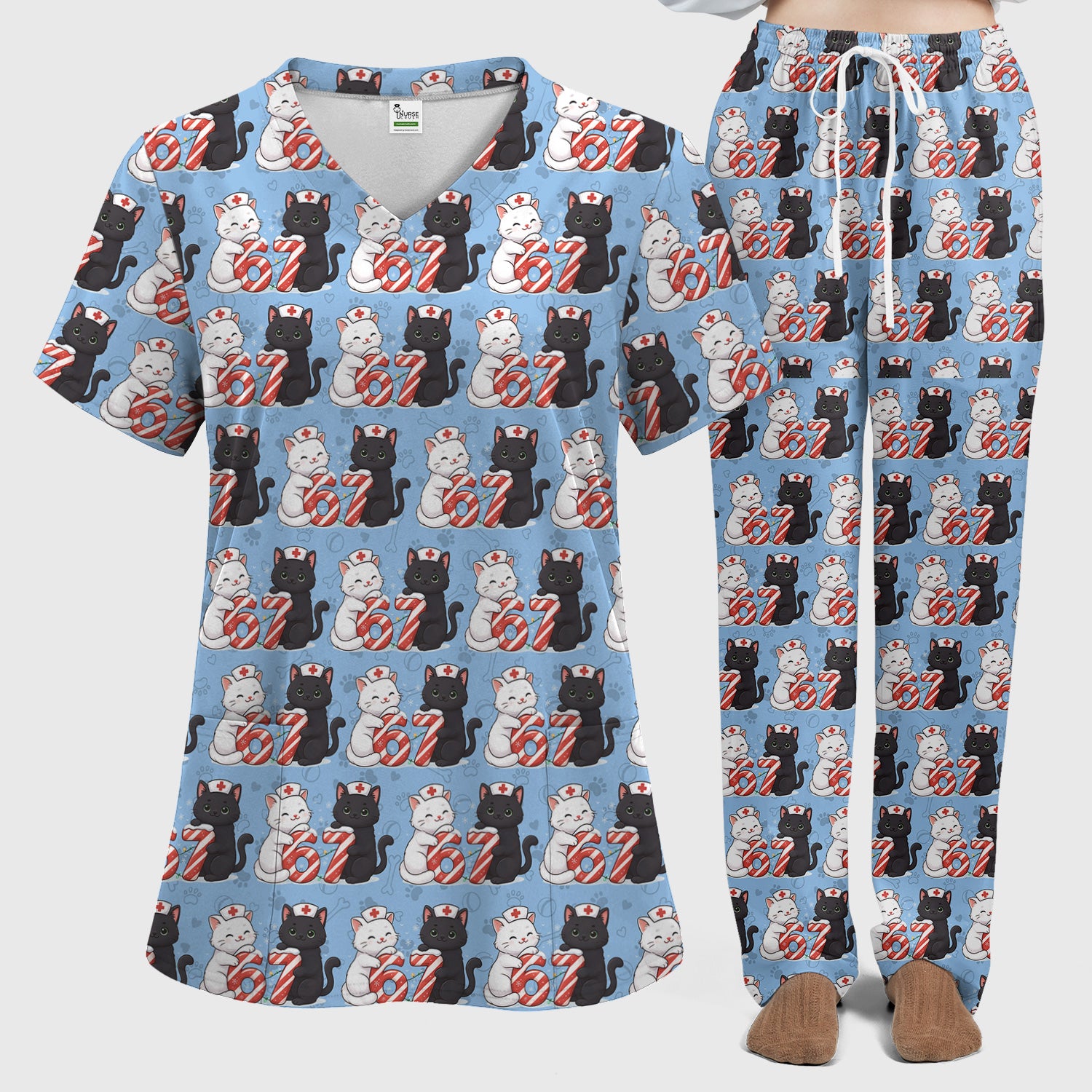 Xmas Cat Pattern Scrub Set, Christmas Nurse Six Seven With Cat Scrub Shirt, Breathable Fabrics Nursing Uniform