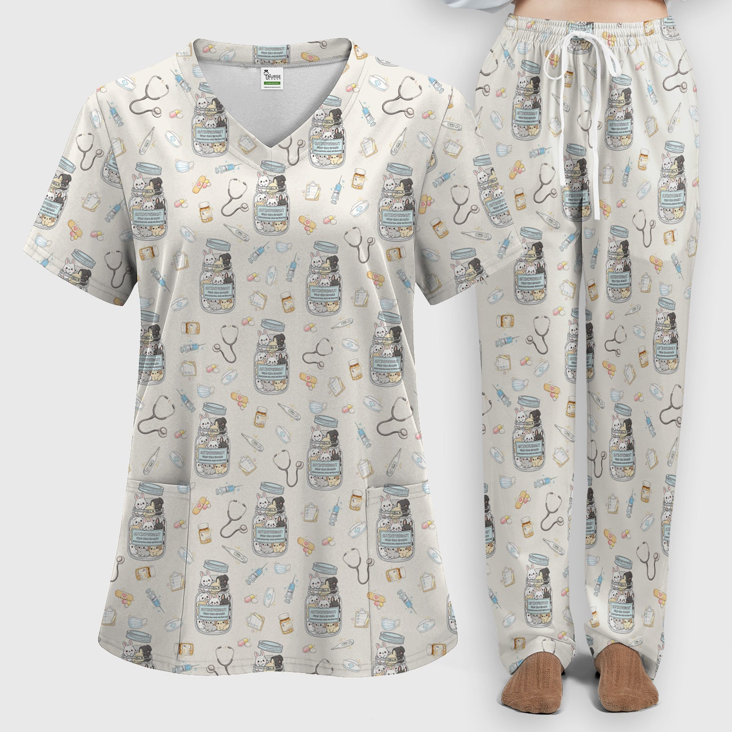 Whimsical Antidepressant Rabbit Jar Design Scrub Set, Scrub Pants and V-Neck Top