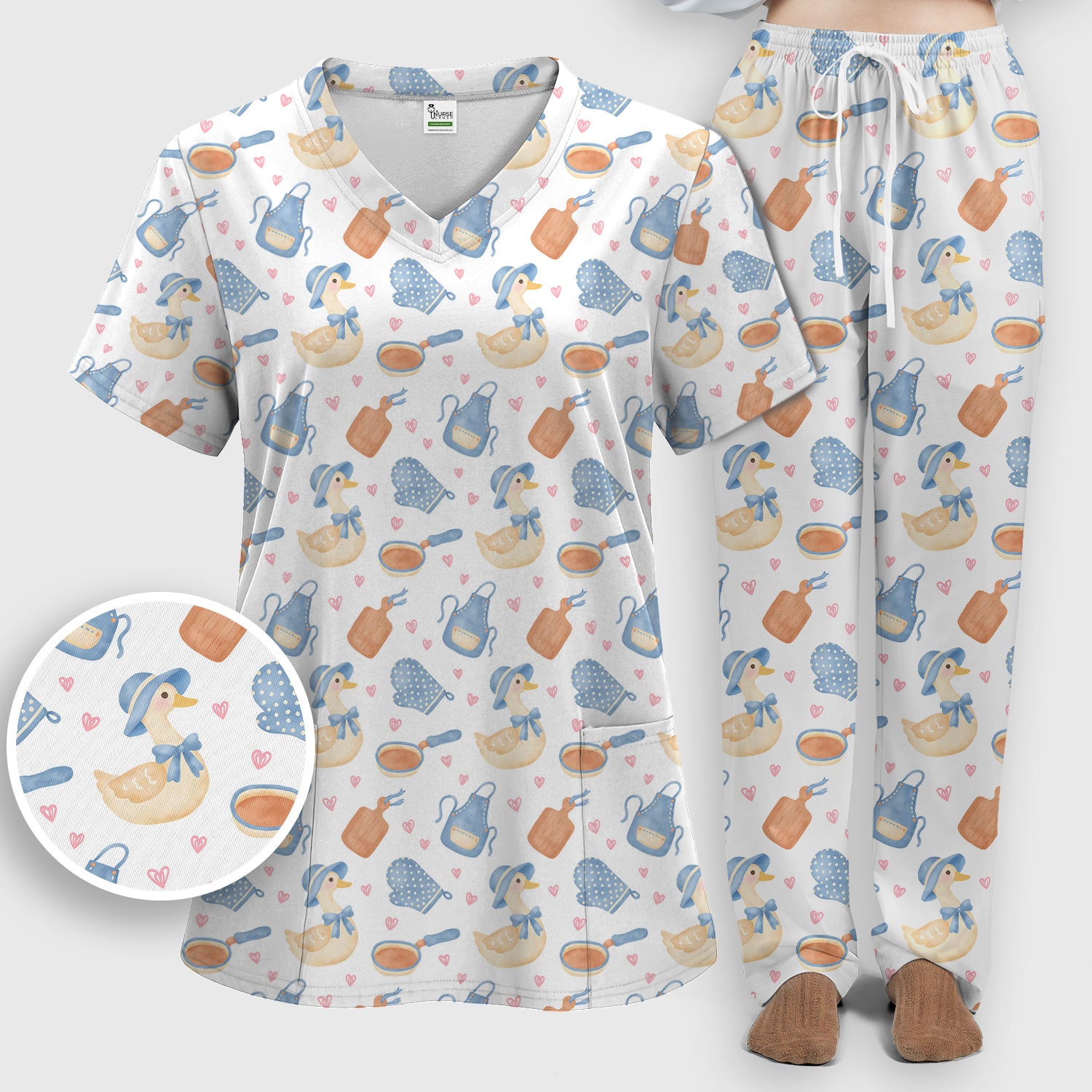 Duck Apron Kitchen Utensil Heart Pattern Scrub Set, Scrub Pants and V Neck Top