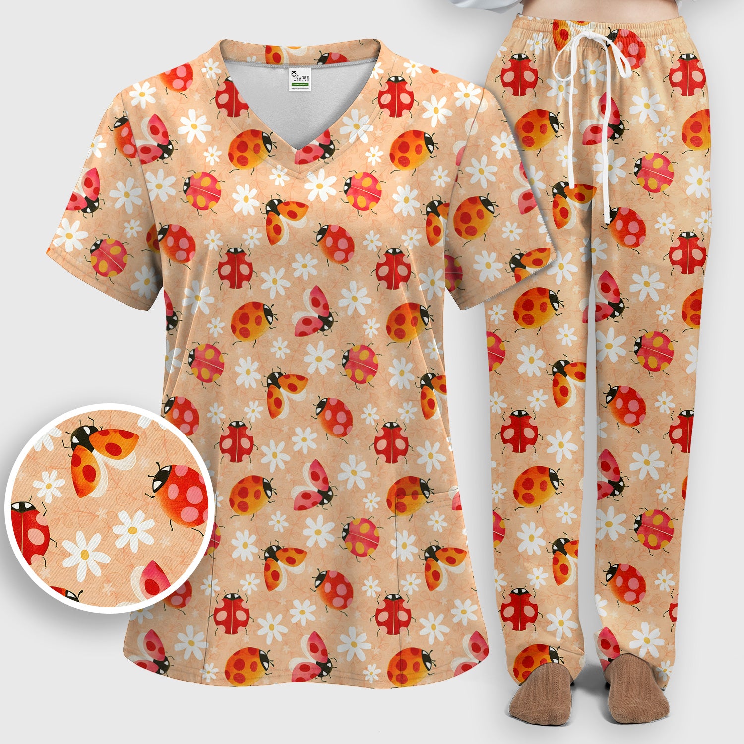 Ladybug Daisy Floral Pattern Scrub Set, Scrub Pants and V Neck Top