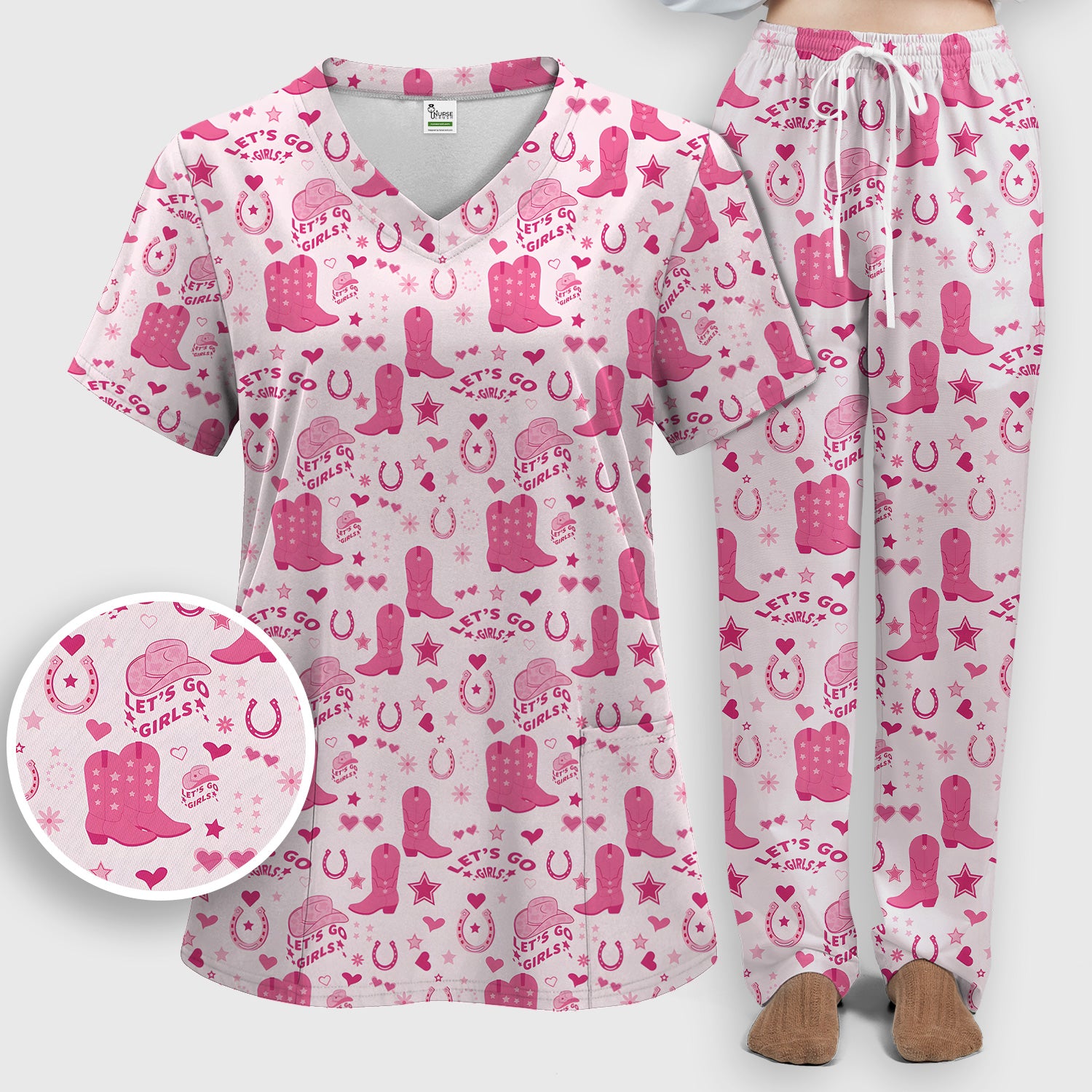 Pink Cowgirl Boots Print Scrub Set, Scrub Pants and V Neck Top
