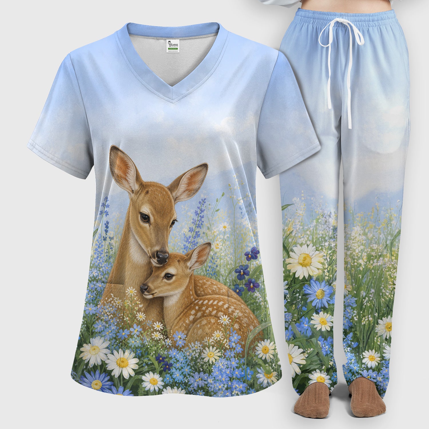 Cute Deer Mother Baby With Meadow Pattern Scrub Set, Scrub Pants and V Neck Top