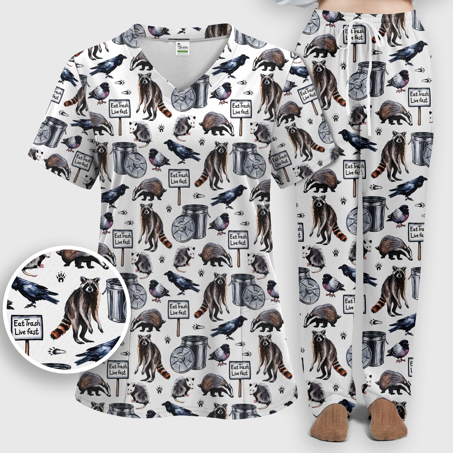 Raccoon And Opossum Eat Trash Live Fast Scrub Set, Scrub Pants and V Neck Top
